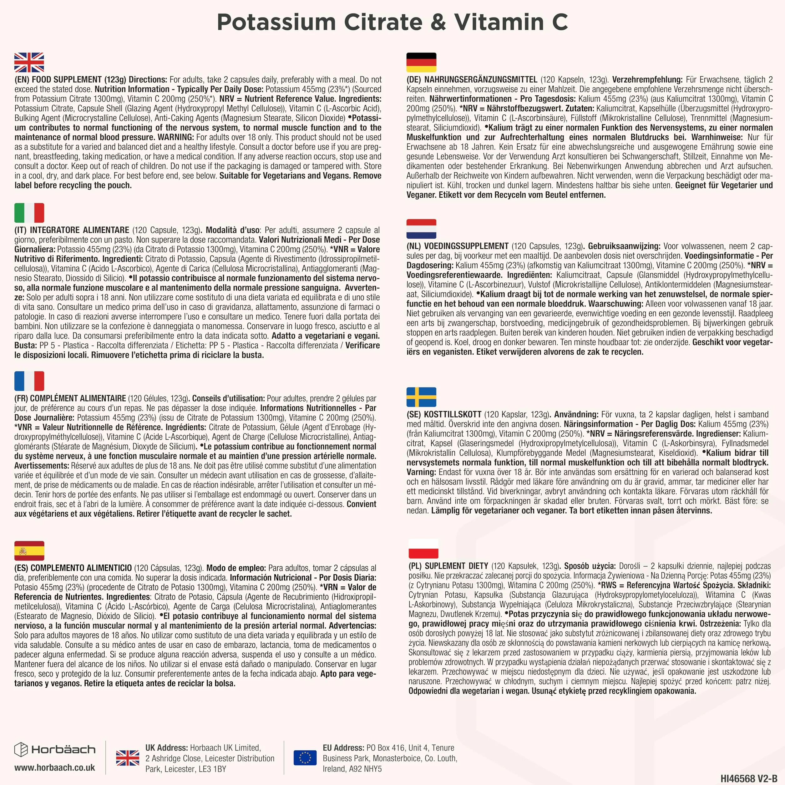 Citrato di Potassio con Vitamina C | 120 Compresse Vegane | 1500mg di Potassium Citrate | Aumento della massa muscolare e Elettroliti (EFSA) | Integratore di Potassio | Horbaach