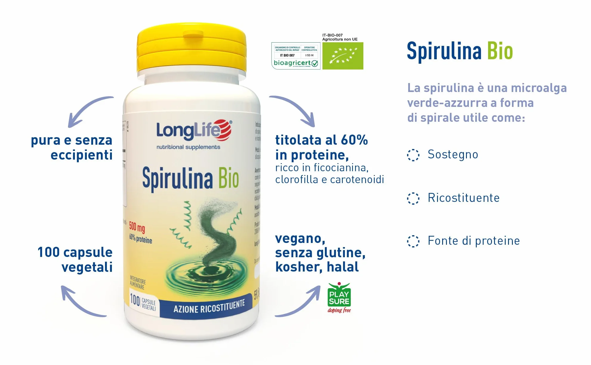 LongLife Spirulina Bio 100 capsule vegetali | Alga spirulina titolata in proteine, ficocianina, clorofilla e carotenoidi | Biologica | Vegano e senza glutine