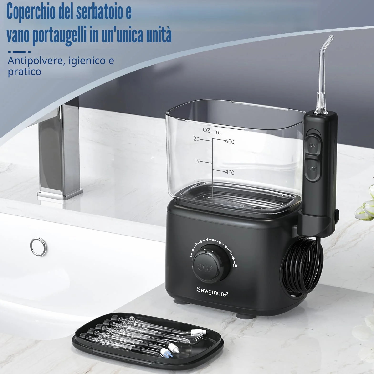 Sawgmore - Idropulsore Dentale con 10 livelli di pressione regolabili, capacità 600 ml, irrigatore orale con 5 punte multifunzione per la casa (nero)