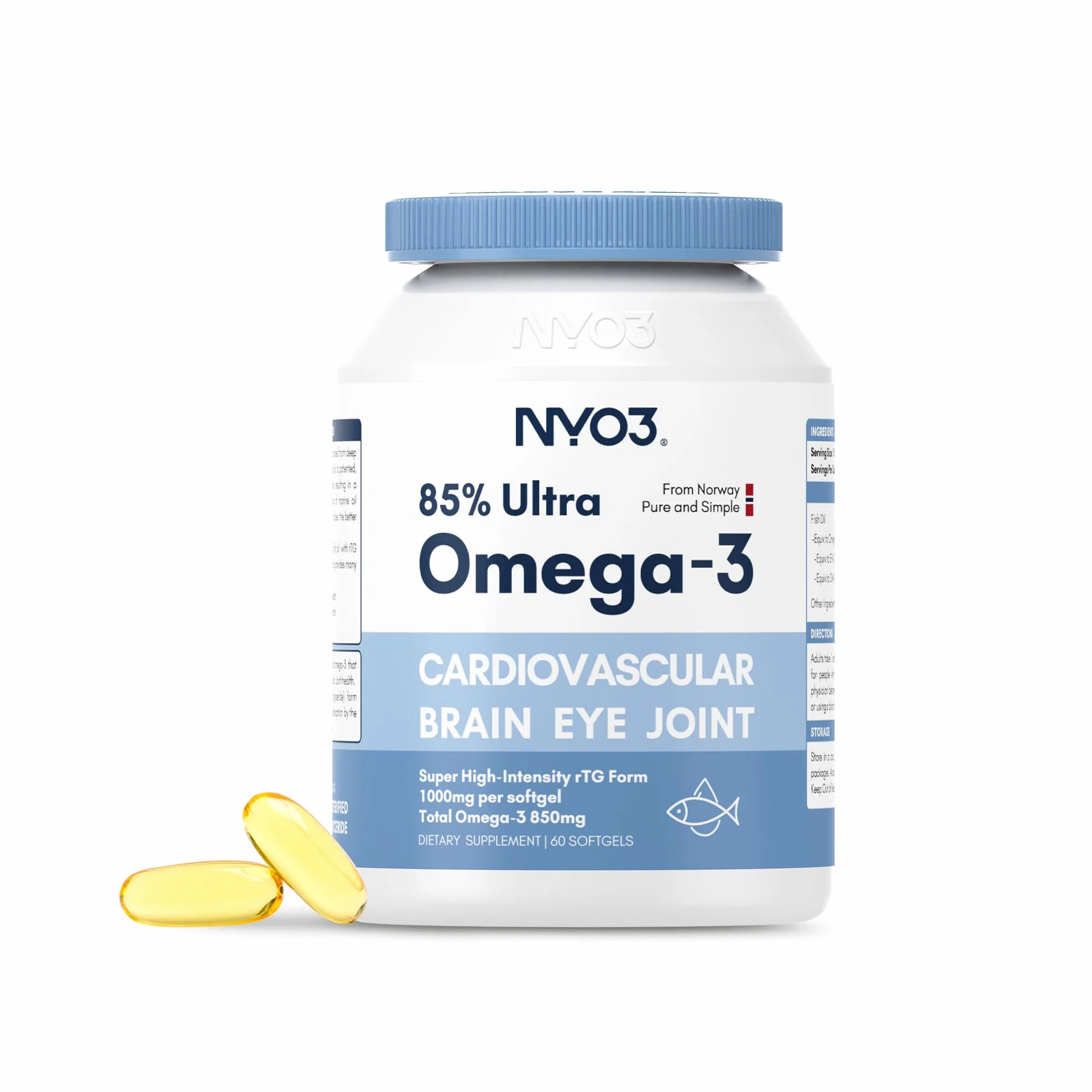 NYO3 Olio di Pesce Omega 3 2000mg 800mg EPA 600mg DHA 85% Alta Potenza Acidi Grassi Essenziali 60 Capsule