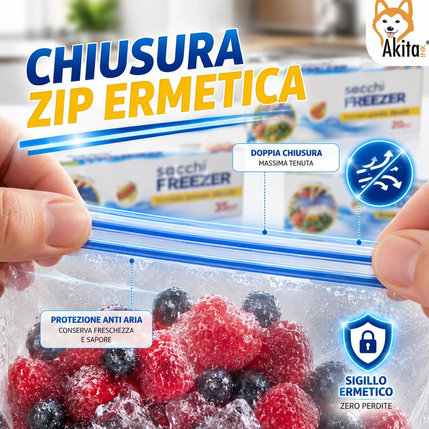 AkitaInk Set 60 Sacchetti Freezer con Chiusura Zip, Buste Gelo Alimentari Richiudibili in 3 Misure Assortite per Conservazione Cibi