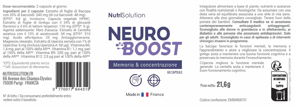 NeuroBoost Integratore Supporto Cognitivo Ginkgo Biloba Vitamina B12 60 Capsule Vegane
