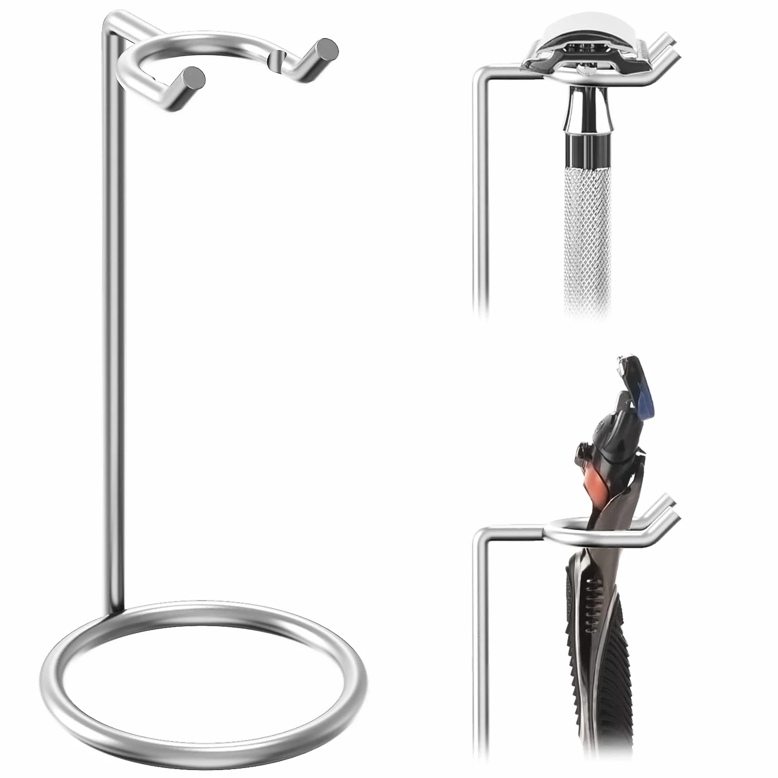 Linkidea Supporto per rasoio in acciaio inox, elegante supporto da viaggio per rasoio da uomo, compatibile con rasoi di sicurezza a manico lungo, Fusion 5, ProShield e serie NFL (argento/cromo lucido)