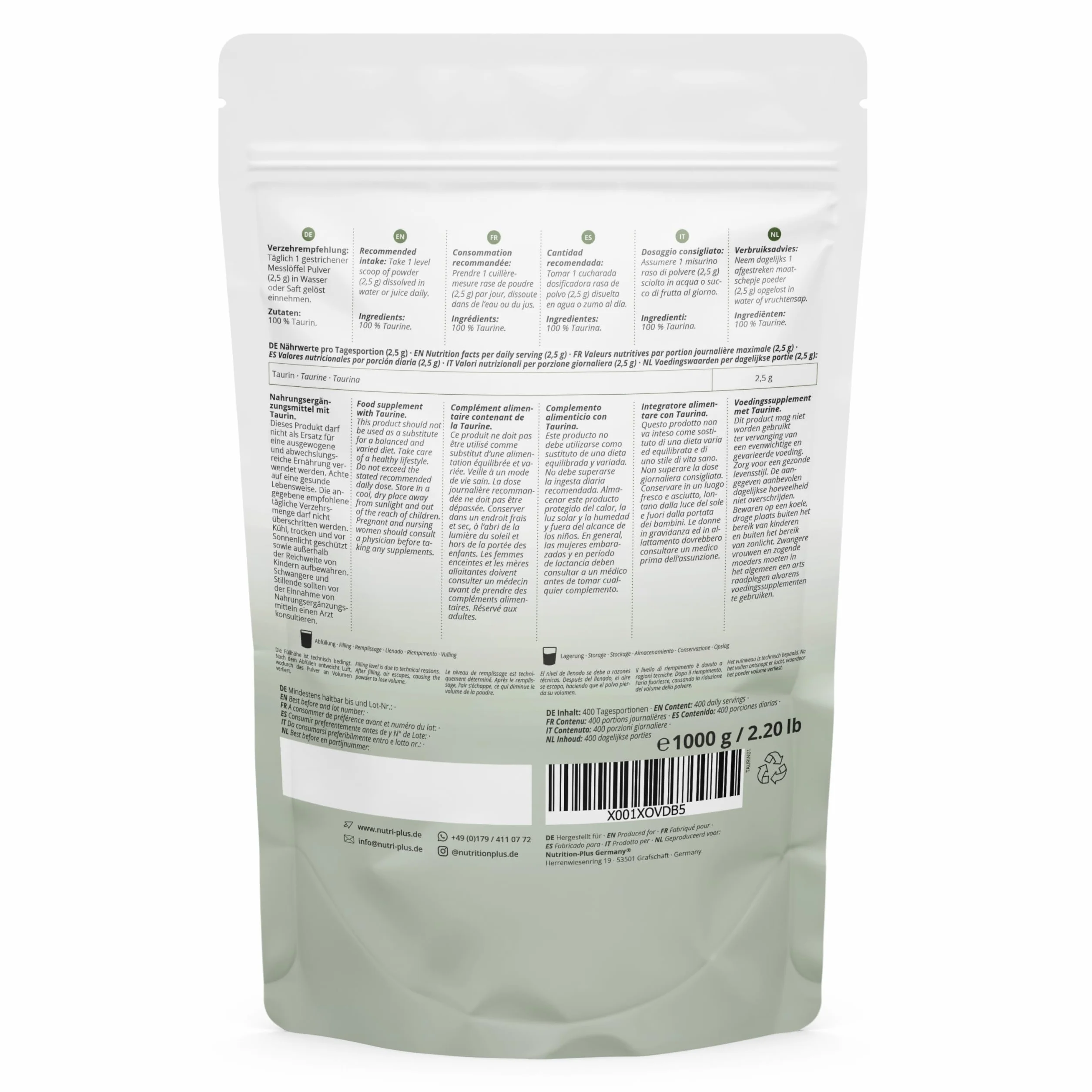 Taurina in Polvere 1 kg - Pura Taurina 1000 g - Vegana - Neutra - Naturale senza Additivi