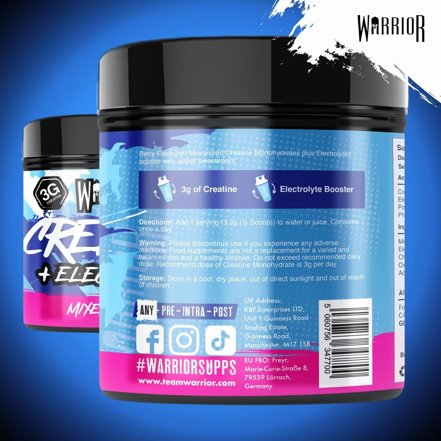 Warrior Creatina Monoidrata + Elettroliti Polvere 360 g, 80 Porzioni – Creatina in Polvere con Sali Minerali, Intra Workout per Massa, Idratazione e Sport, Senza Zucchero – Mix di Frutti di Bosco