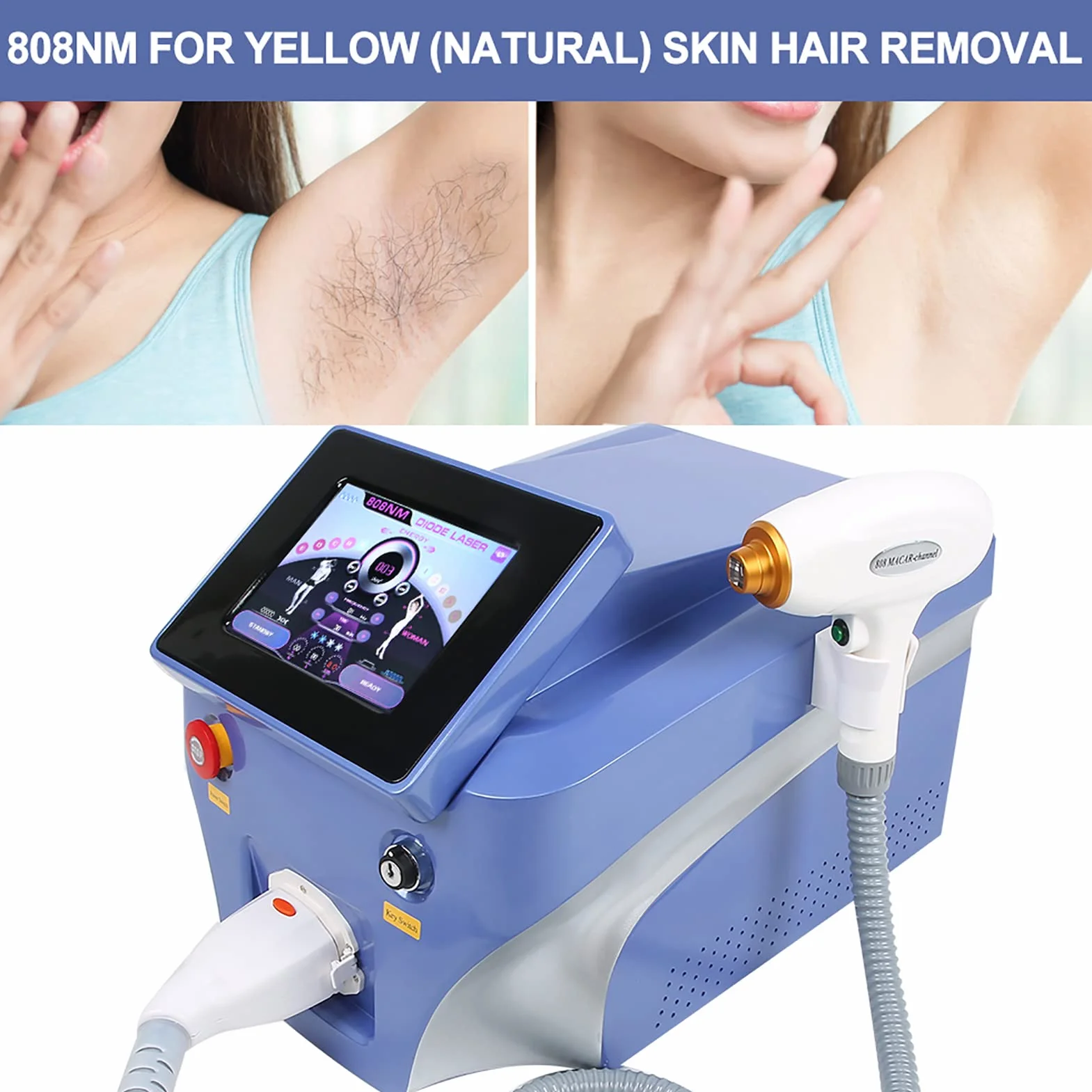 Macchina per la Depilazione, Epilatore Facciale Professionale per il Corpo con 3 Lunghezze D'onda, Macchina per la Depilazione Permanente con Laser a Diodi 808 per Donne e Uomini