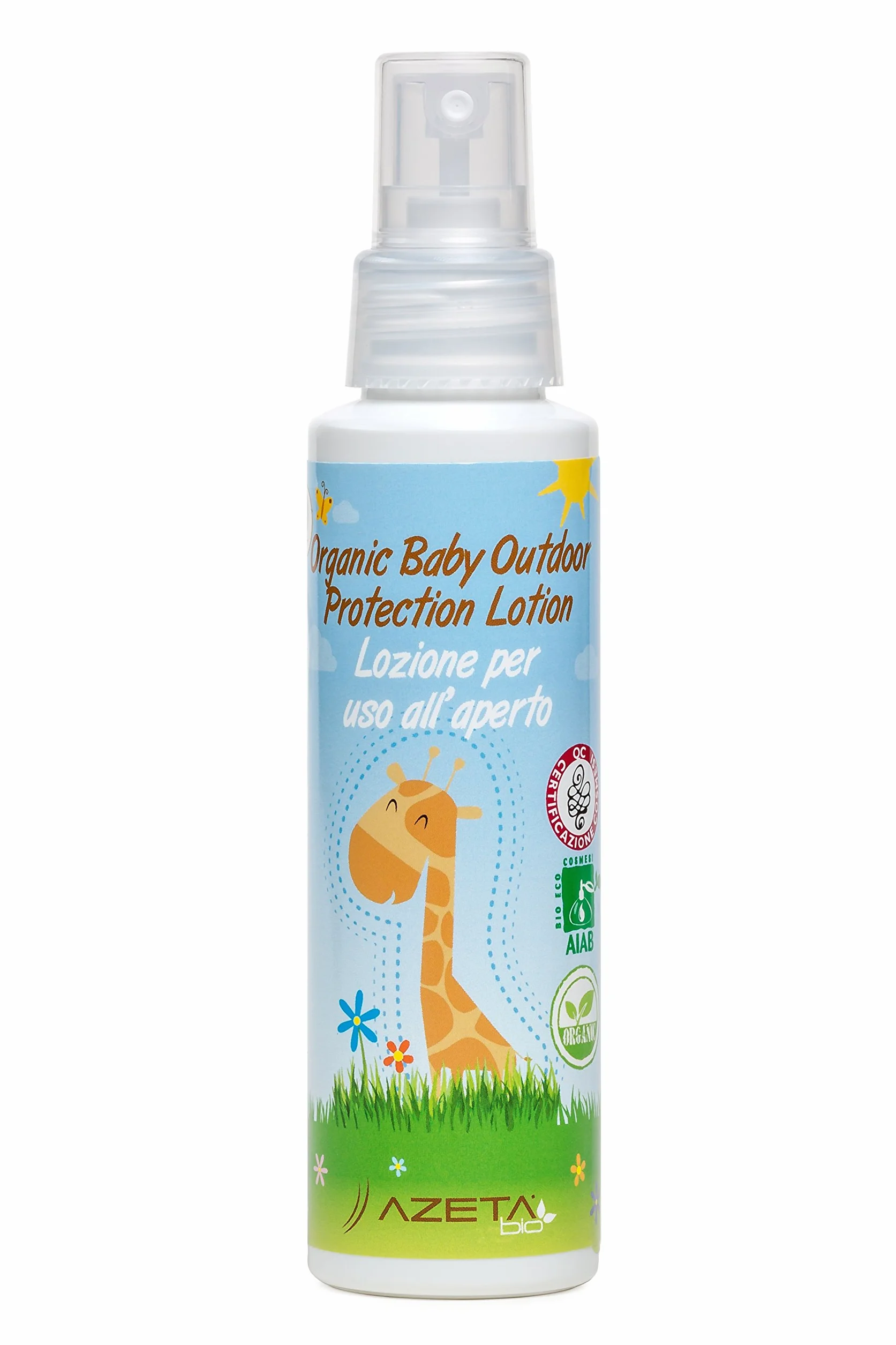 Lozione biologica protettiva per uso all'aperto a rapido assorbimento con oli essenziali di geranio e lavanda - AZETAbio - Linea Bimbi - 100 ml - Made in Italy