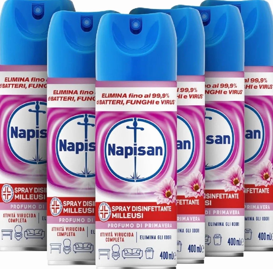 Napisan Spray Disinfettante Milleusi, 6x400ml per Tessuti e Superfici, Fragranza Primavera