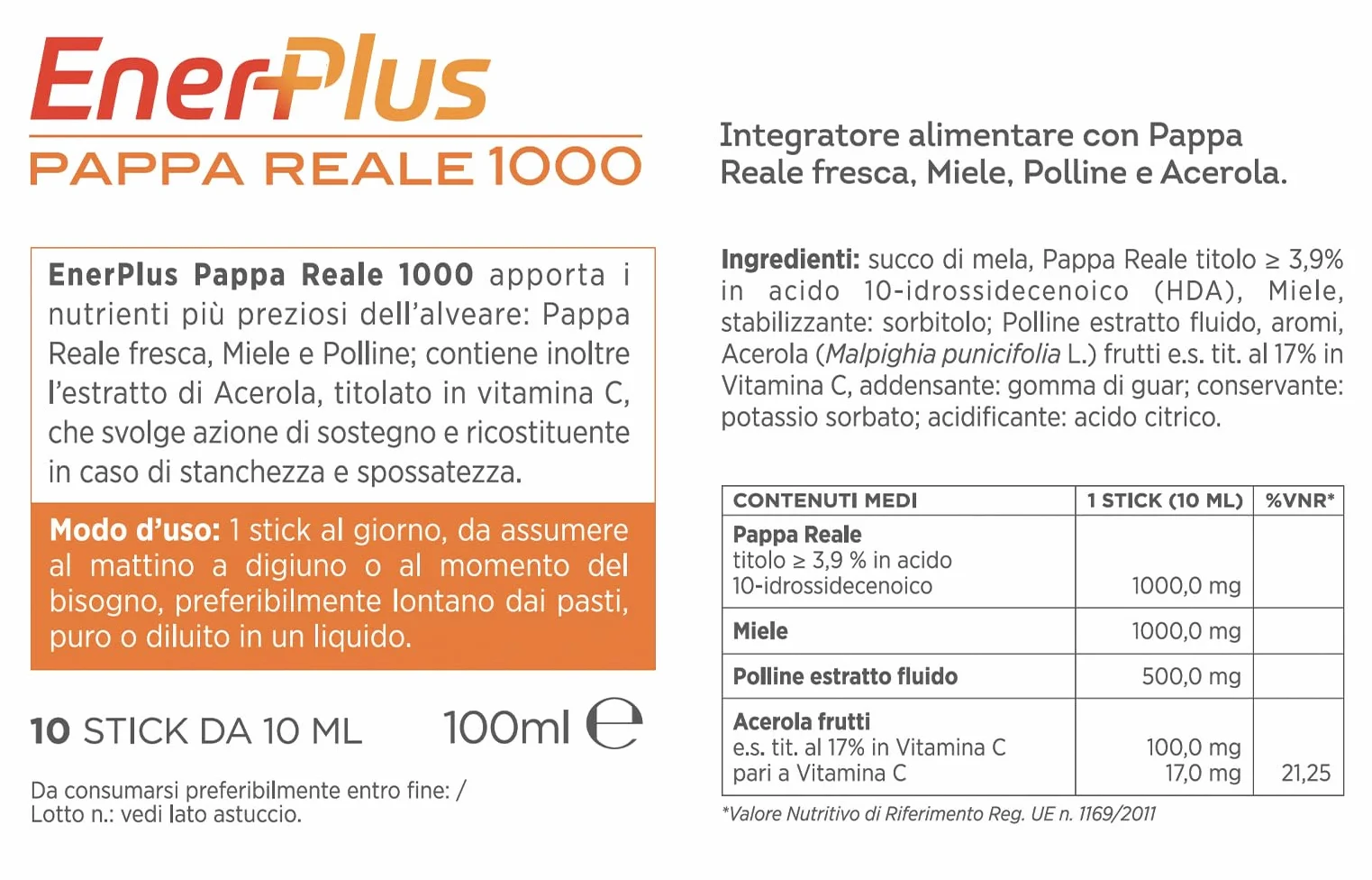 ENERPLUS Pappa Reale 1000 Integratore Alimentare, 10 Bustine 10 ml