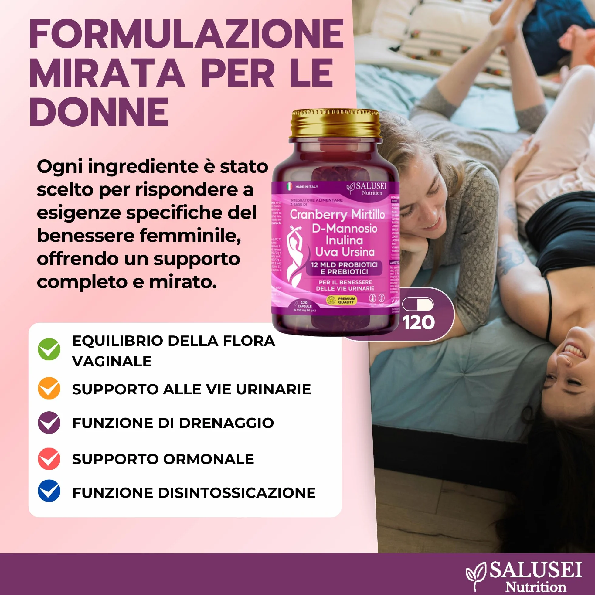 D-Mannosio Capsule Integratore per Cistite con Cranberry, Uva Ursina, Probiotici Donna e Candida Support