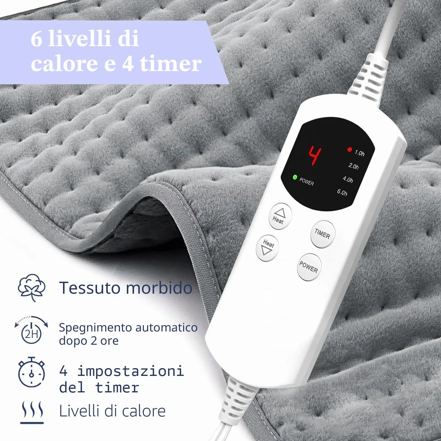 Termoforo Elettrico Lombare 120x30cm - Fascia Riscaldante Schiena con 6 Temperature e Timer, Cuscino Termico Elettrico per Addome Spalle, Lavabile-Grigio