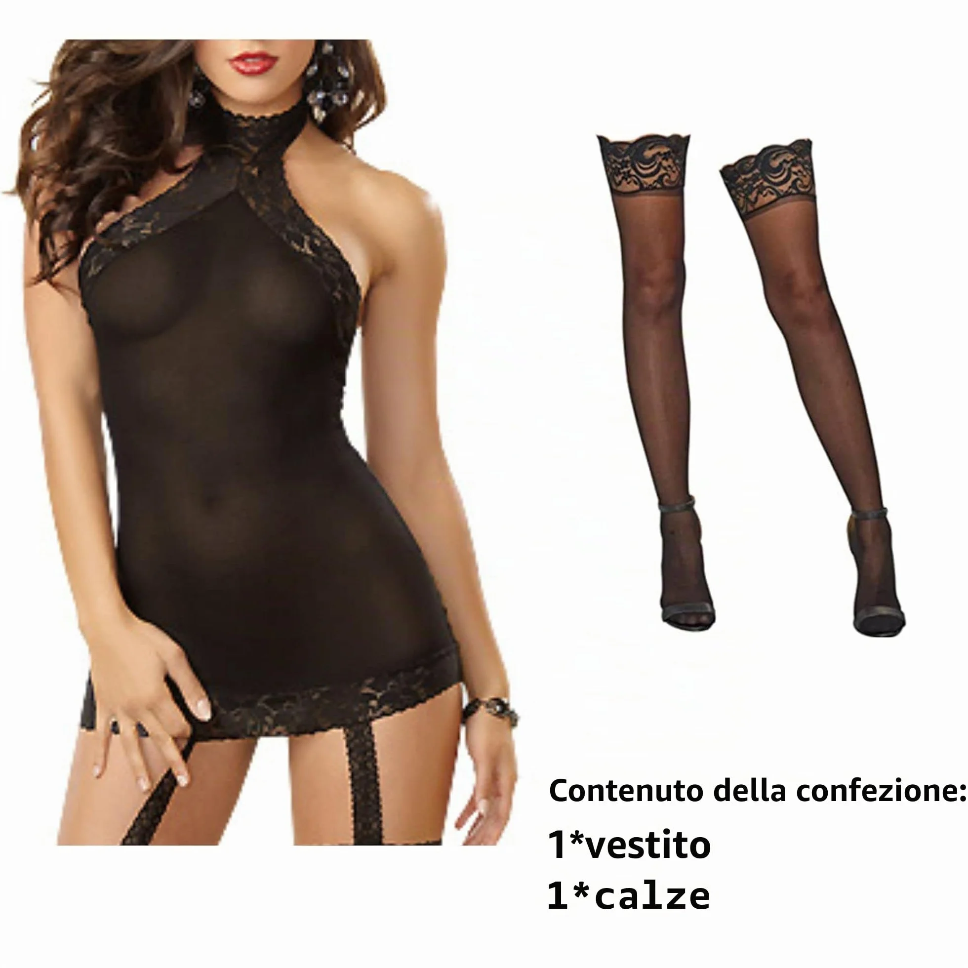 ROSVAJFY Babydoll Lingerie Donna Sexy Mini Abito con Calze Intimo Completi