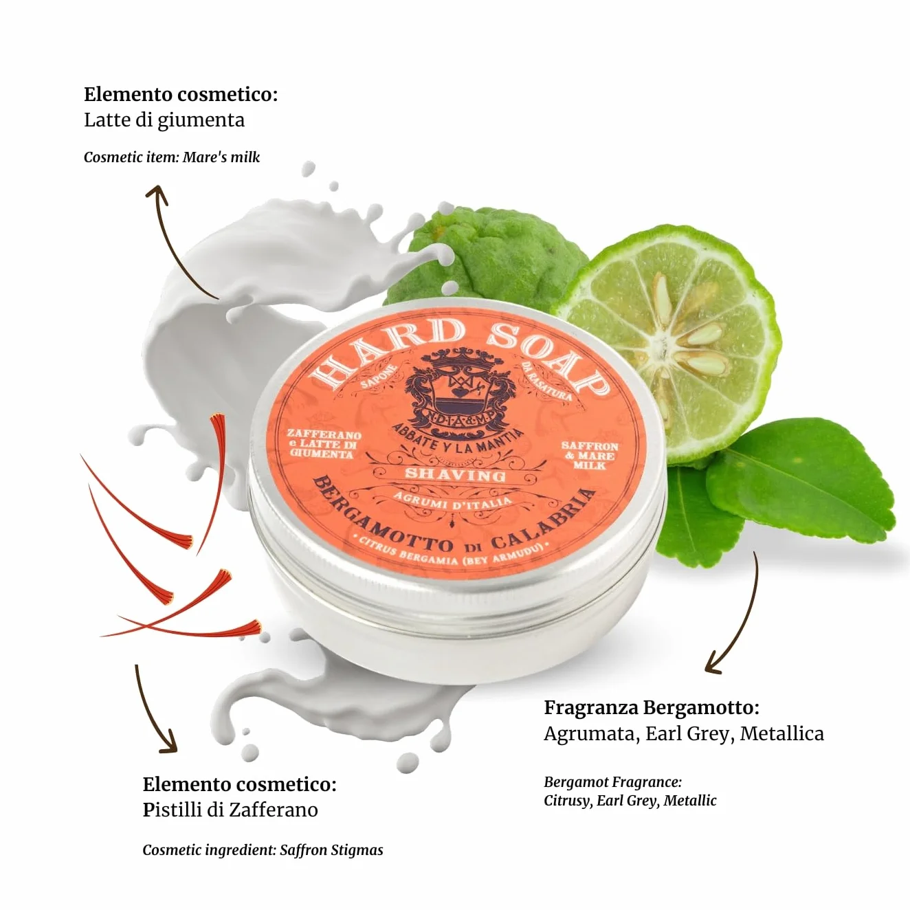 ABBATE Y LA MANTIA: Saponetta Solida da Barba al Bergamotto di Calabria – Idratante e Lenitiva – Con Latte di Giumenta e Zafferano – 80g – Made in Italy