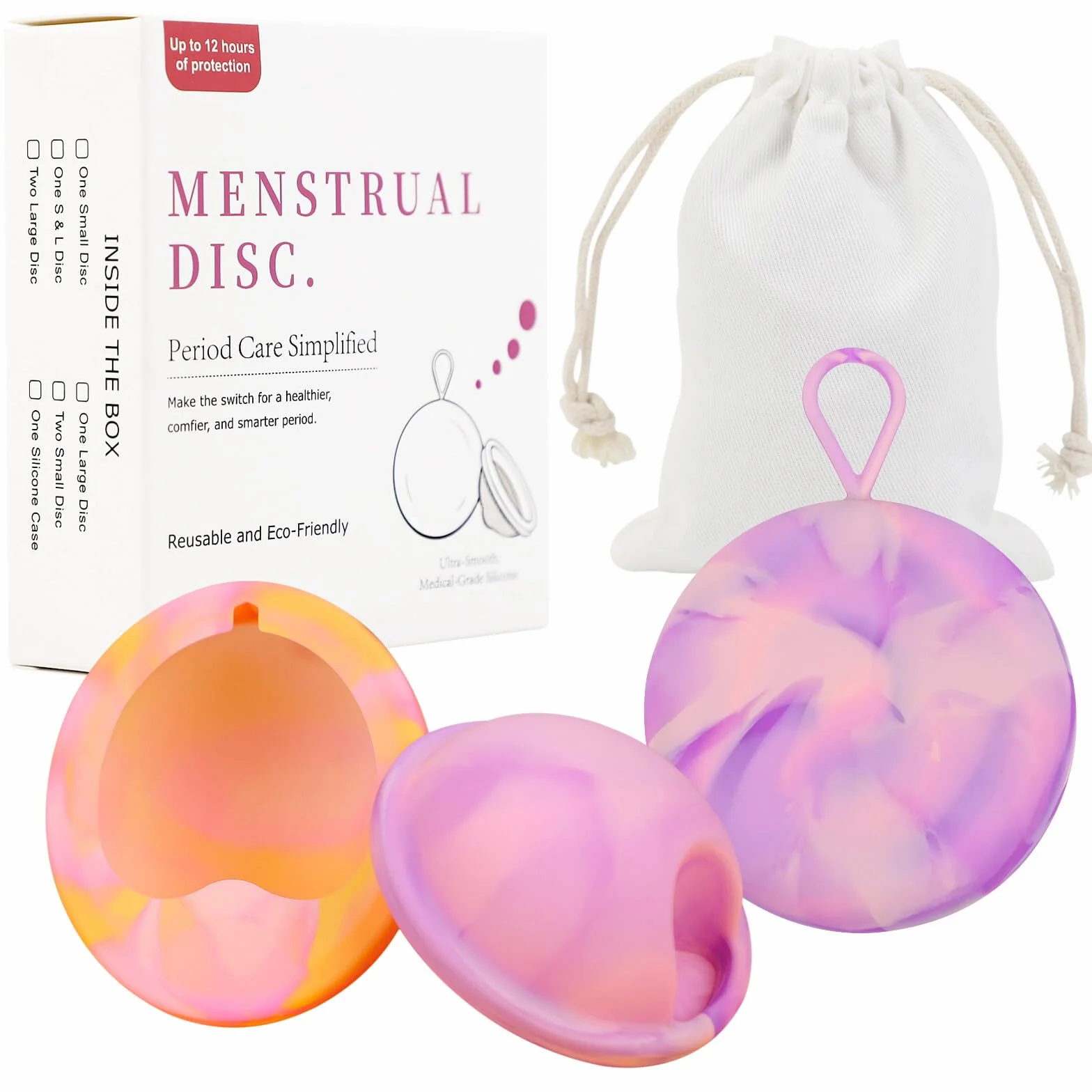 Coppetta mestruale 2 dischi mestruali taglie S+L con tasche portaoggetti,Silicone medico al 100% a tenuta stagna,disco mestruale riutilizzabile e alternativa sostenibile ai tamponi