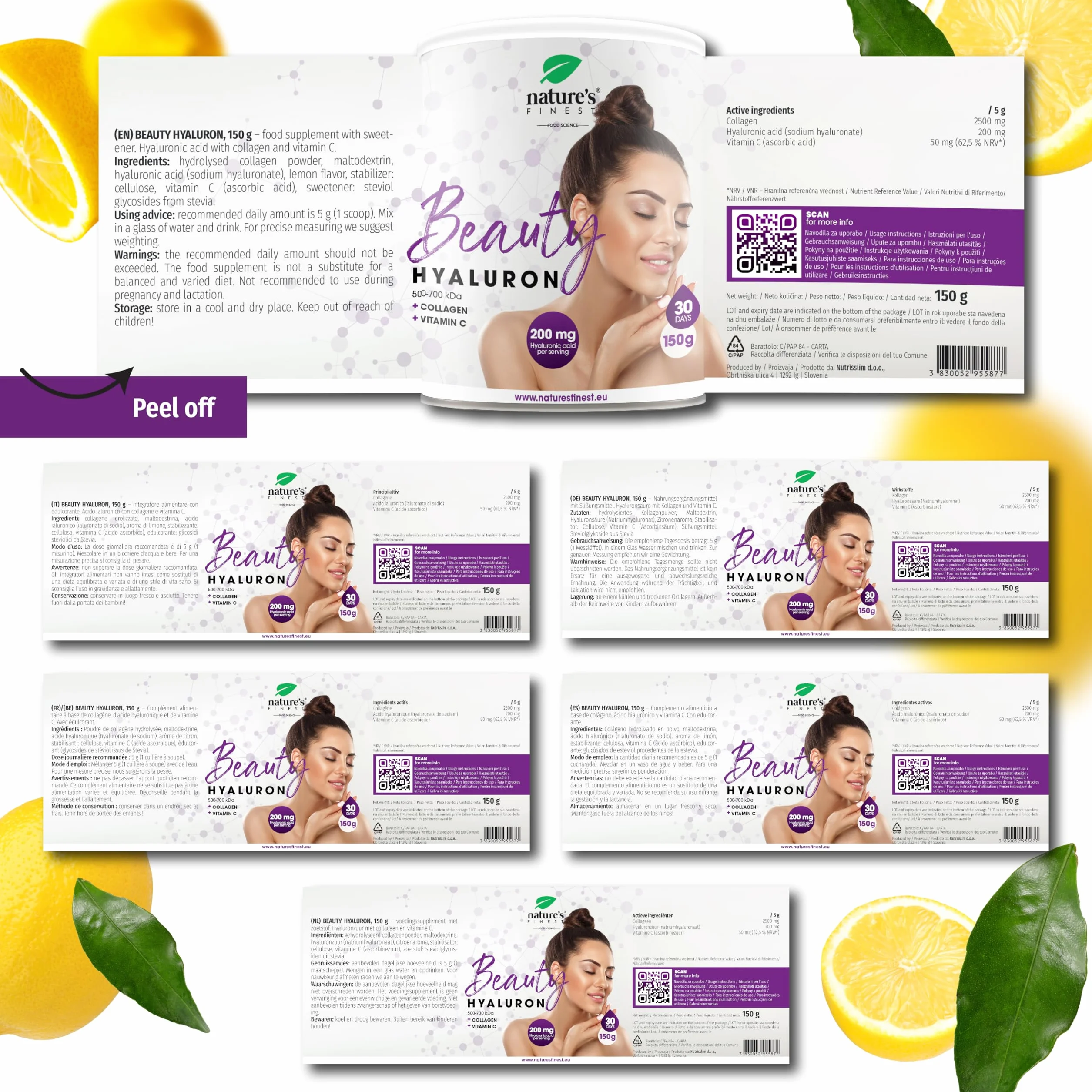 Nature's Finest Beauty Hyaluron Collagene con Acido Ialuronico 200mg per Dose e Vitamina C, Integratori per Pelle, Capelli e Unghie