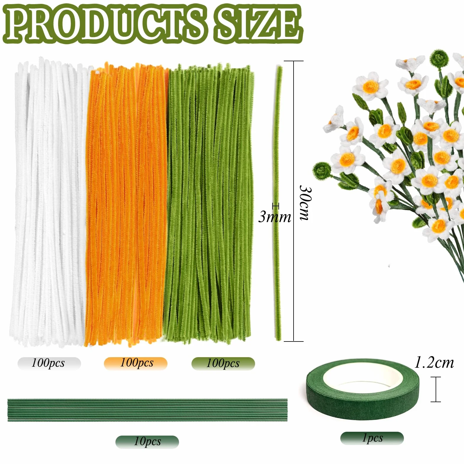 Daisy - Detergente per pipa per bouquet, 300 pezzi, per fai da te, filo di ciniglia, pulitore per pipe, con nastro e bastoncini per fiori, per progetti artigianali (verde, oro, bianco