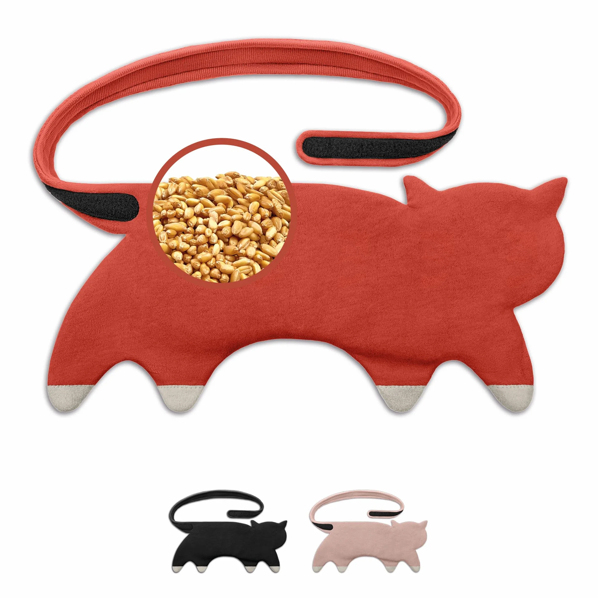 LESCHI Cuscino termico per microonde - In cotone bio con grano biologico - Cuscino riscaldante a 10 camere - Ideale per dolori mestruali, alla pancia, schiena e zona lombare - Gatto, rosso
