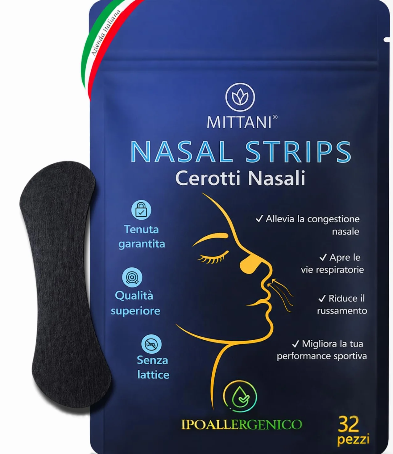 MITTANI 32 Cerotti Nasali Antirussamento Decongestionante Sport Apri Vie Respiratorie