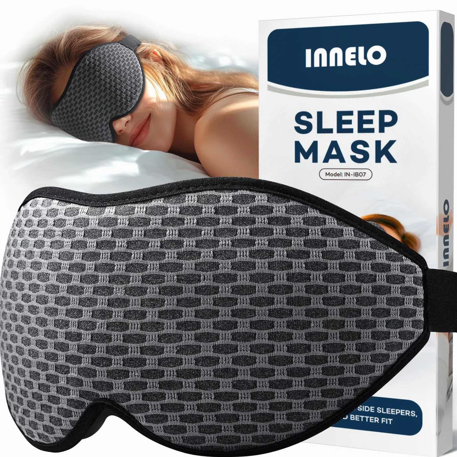 INNELO Maschera da Sono 3D per Uomo e Donna, Versione Migliorata 2025 per Dormitori Laterali, Maschera per Gli Occhi a Blocco 100% della Luce, con Cavità Oculari Comode e Senza Pressione, Grigio