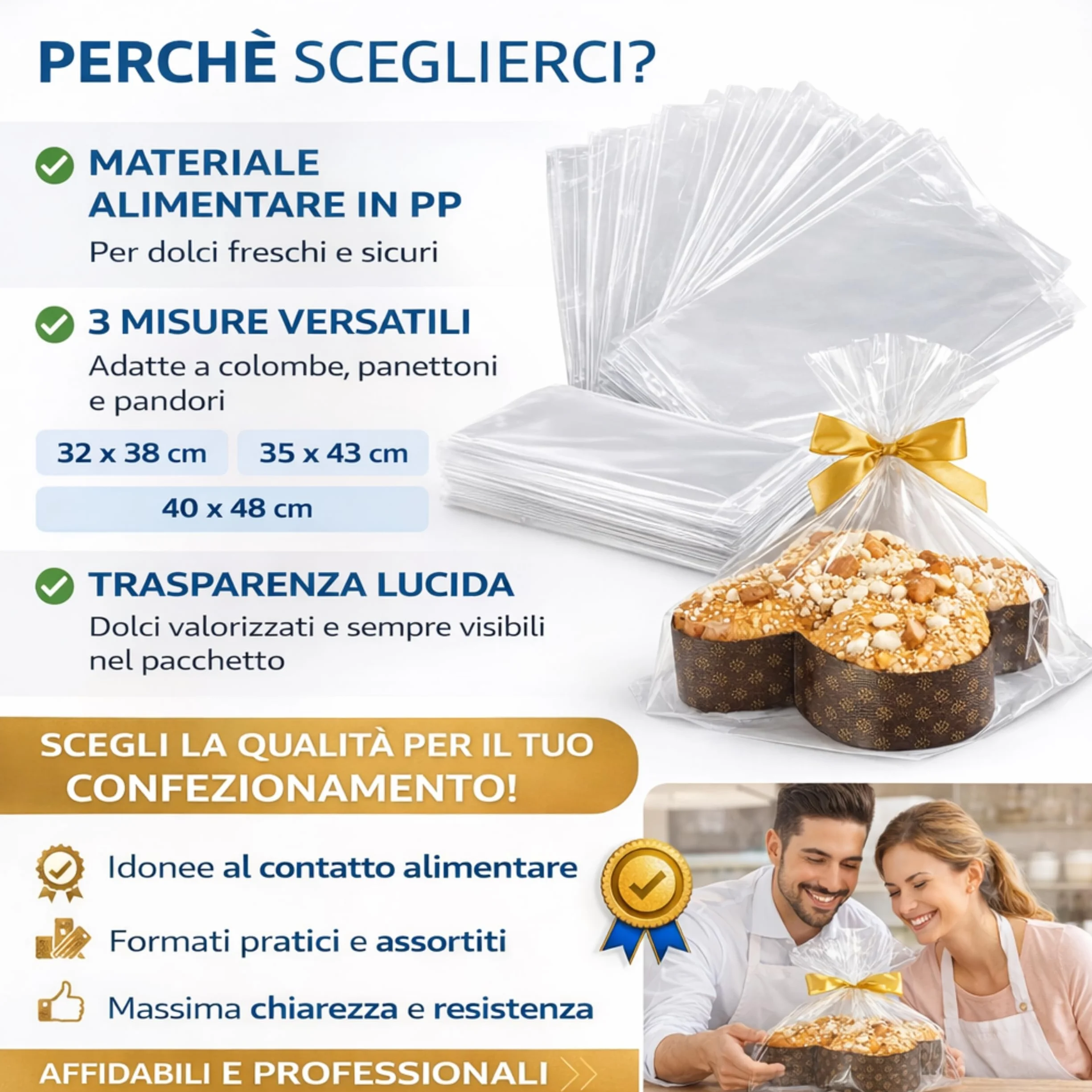 50 Buste Trasparenti Per Confezioni Alimentari in Polipropilene PP, IDEALE PER: Colomba, Panettone e Pandoro, Idonee al Contatto Alimentare, Alta Trasparenza, (50 Buste Porta Colombe, 35 x 43 cm)