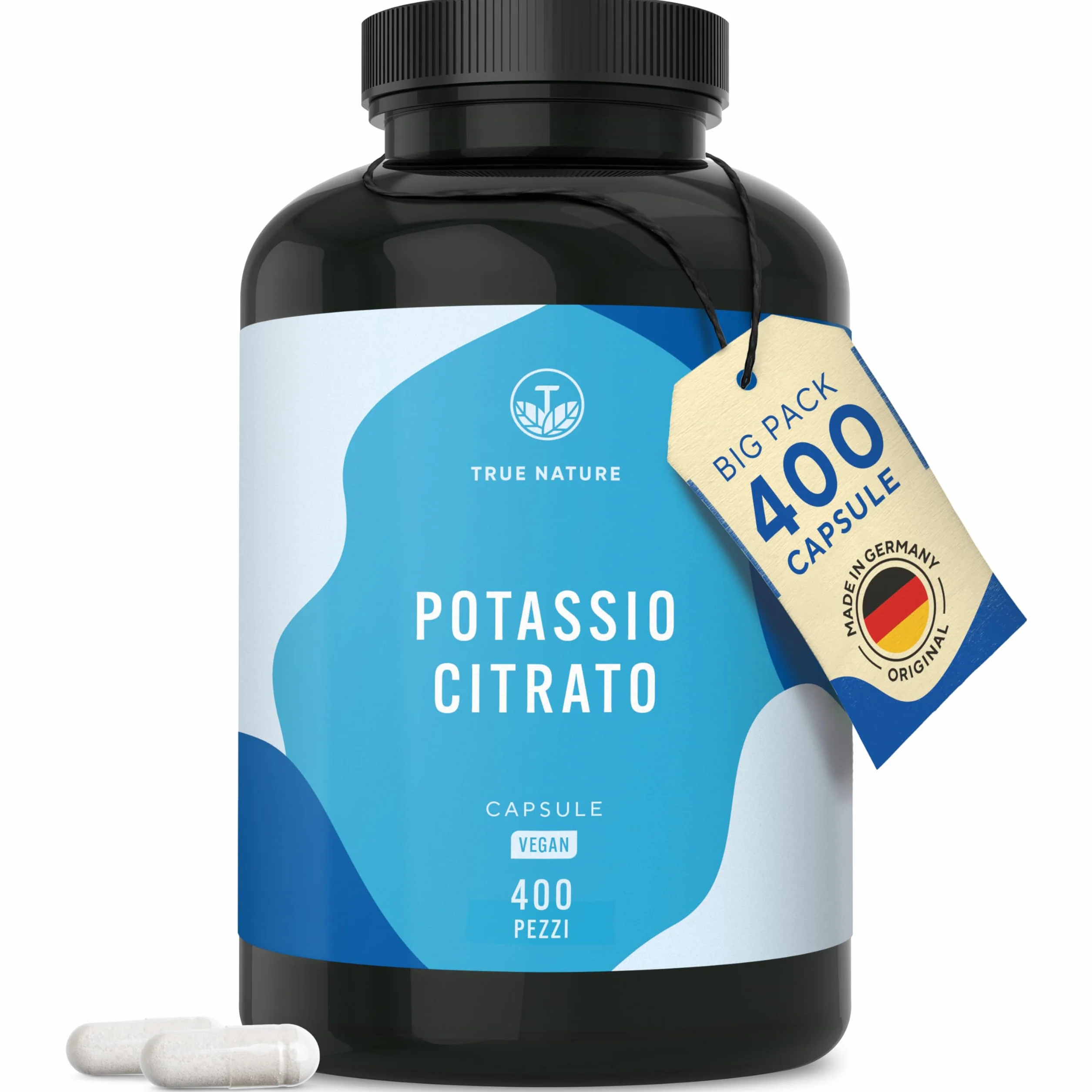 Potassio – 2.222 mg al giorno – 400 capsule – Citrato di potassio con potassio elementare – Scorta per 6 mesi – Vegano e senza additivi - testato in Laboratorio, produzione Tedesca – TRUE NATURE®