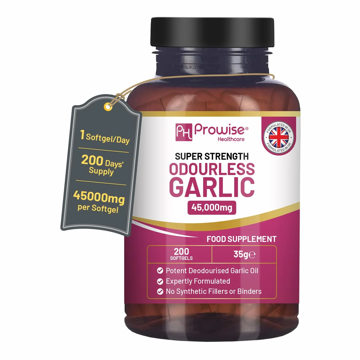 Capsule di aglio inodore premium | 45.000 mg per capsula molle | 200 softgel (non compresse) ad altissima resistenza | Estratto di olio di aglio premium pressato a freddo e deodorato da Allium Sativum