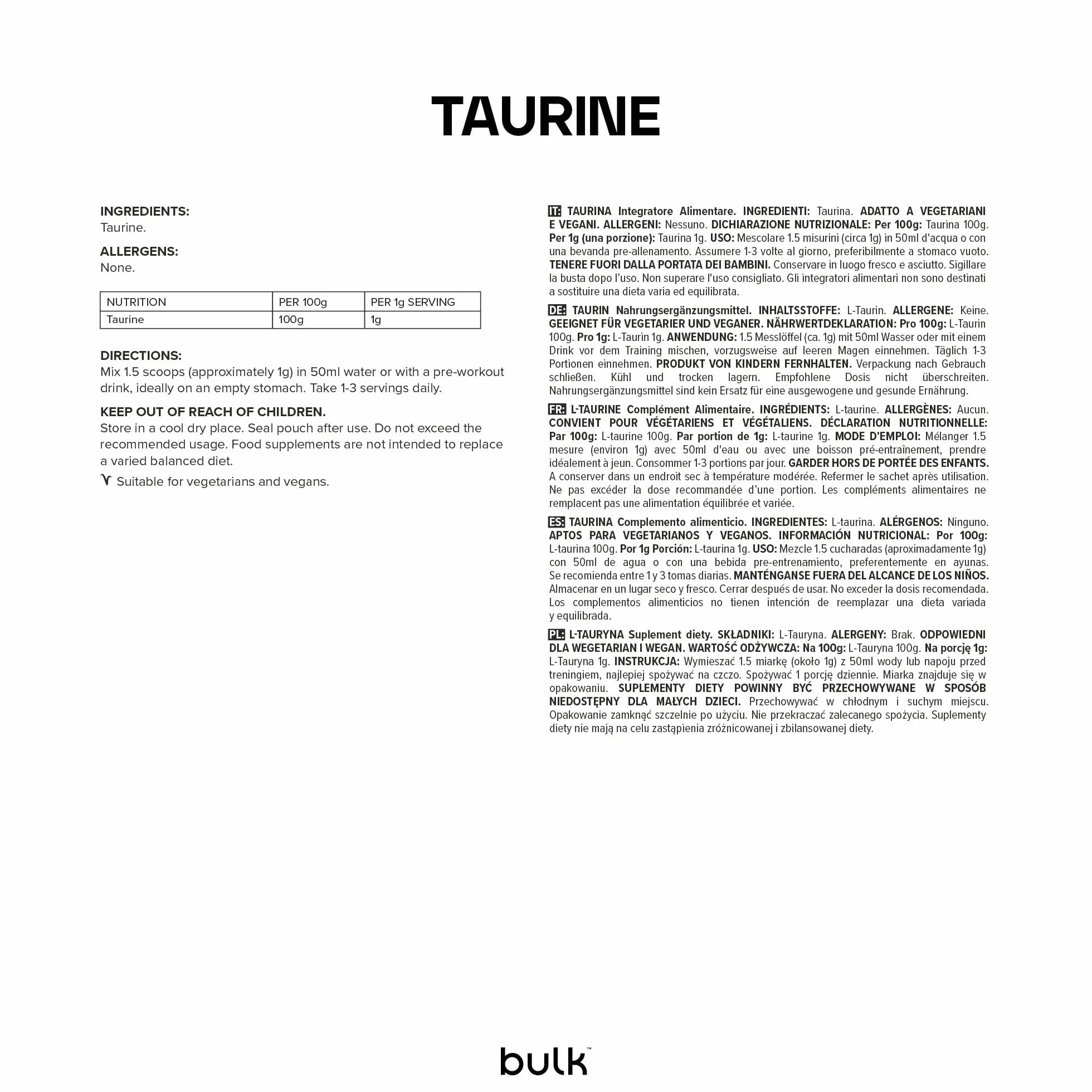 Bulk Taurina 500g 500 porzioni