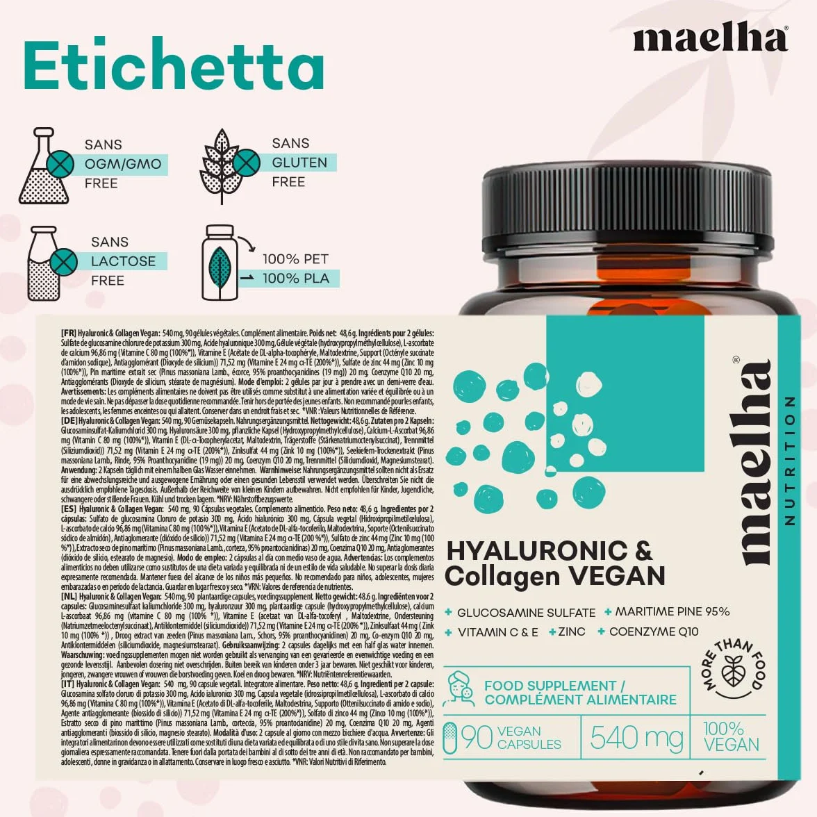 Acido Ialuronico e Collagene VEGANO Integratore 90 Capsule con Vitamina C E Zinco Coenzima Q10 Pino Marittimo