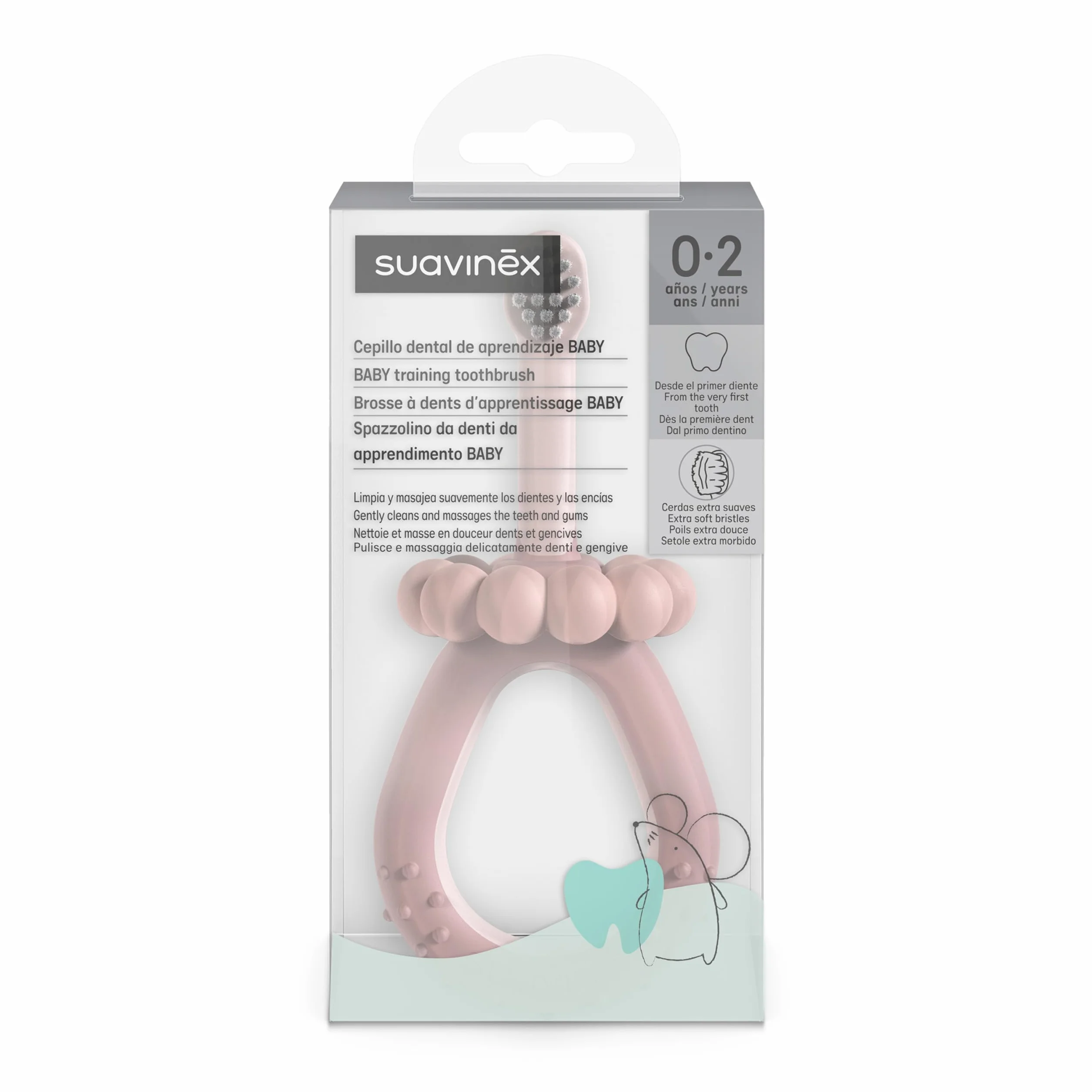 Suavinex, Spazzolino da denti per bambini da 0 a 2 anni, setole super morbide, ideale per gengive sensibili, manico ergonomico, testurizzato e antiscivolo, tappo di sicurezza, pulisci lingua, rosa