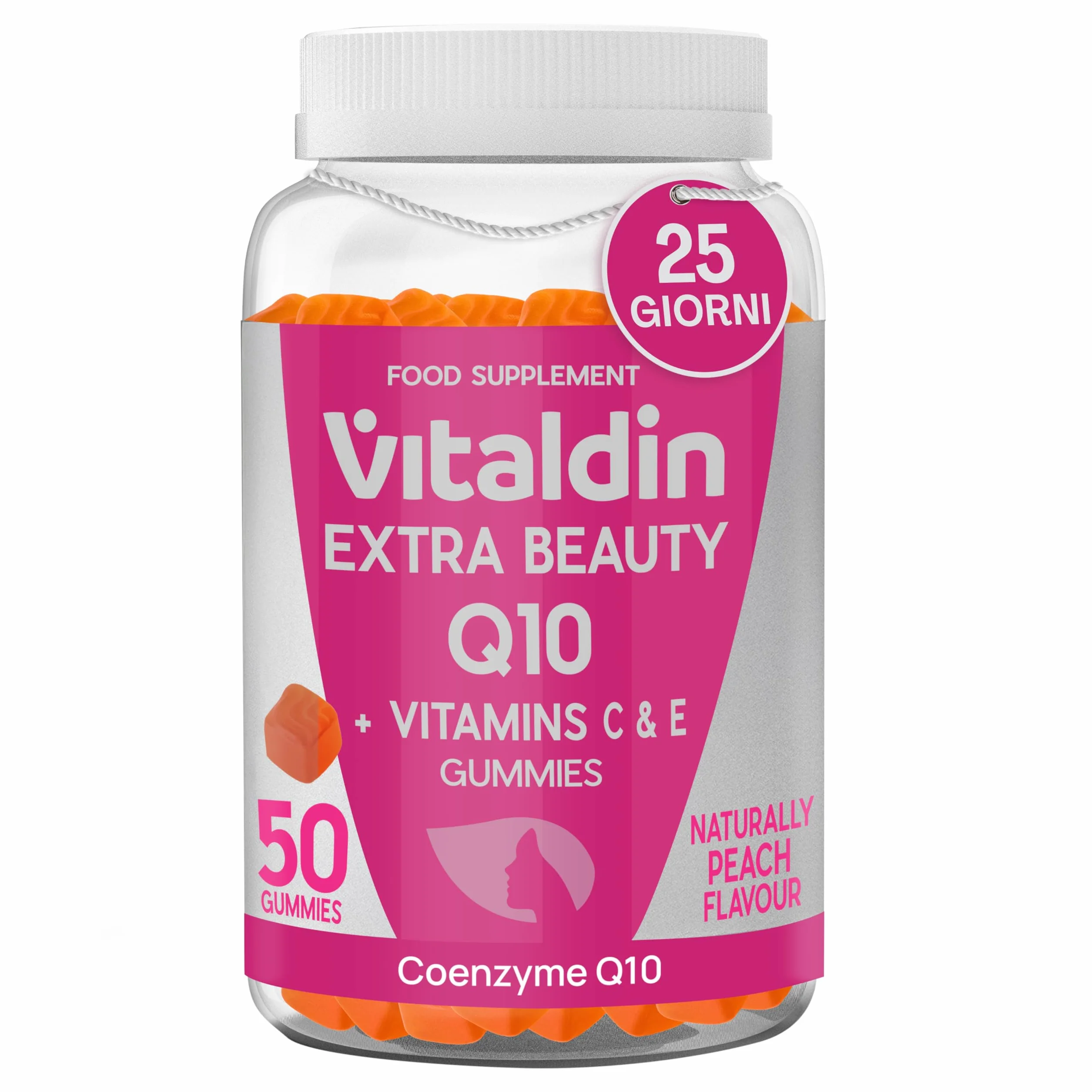 VITALDIN Coenzima Q10 Gummies – Integratore di Bellezza – 200 mg di CoQ10 per dose + Vitamina C & E – 50 Caramelle Gommose (fornitura per 1 mese), Gusto Pesca – Antiossidante – Senza Glutine