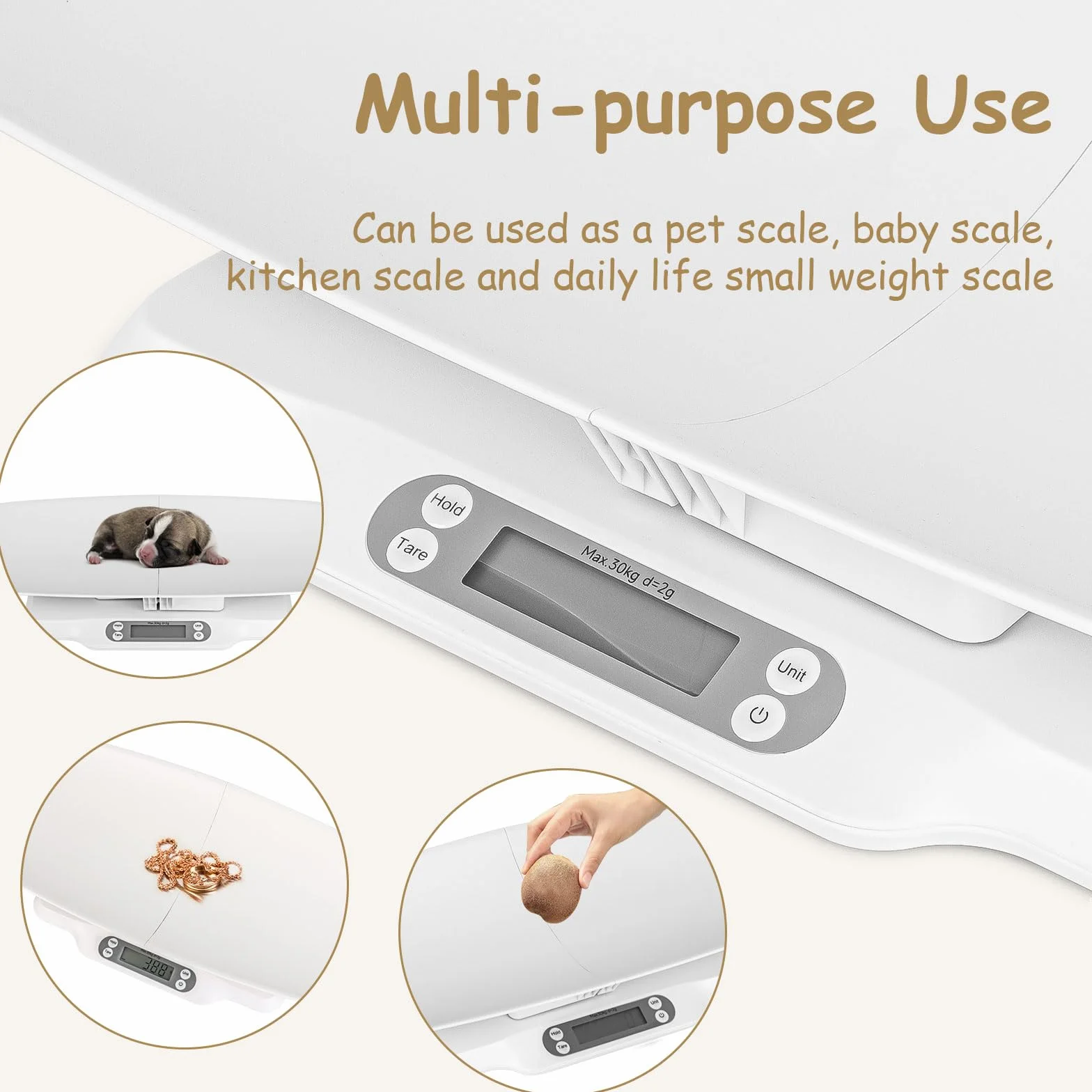 Bilancia digitale per animali e neonati con ciotola rimovibile, display LCD, 30 kg