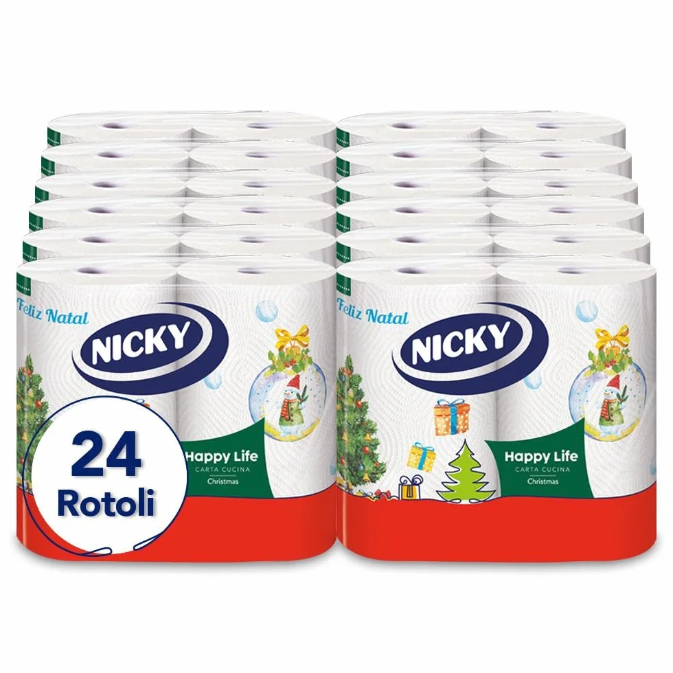Nicky Happy Life Christmas Carta Cucina Natalizia 24 Rotoli Asciugatutto 100 Strappi 2 Veli Apertura Facilitata 4 Decori Natalizi Diversi Resistente Assorbente Carta FSC