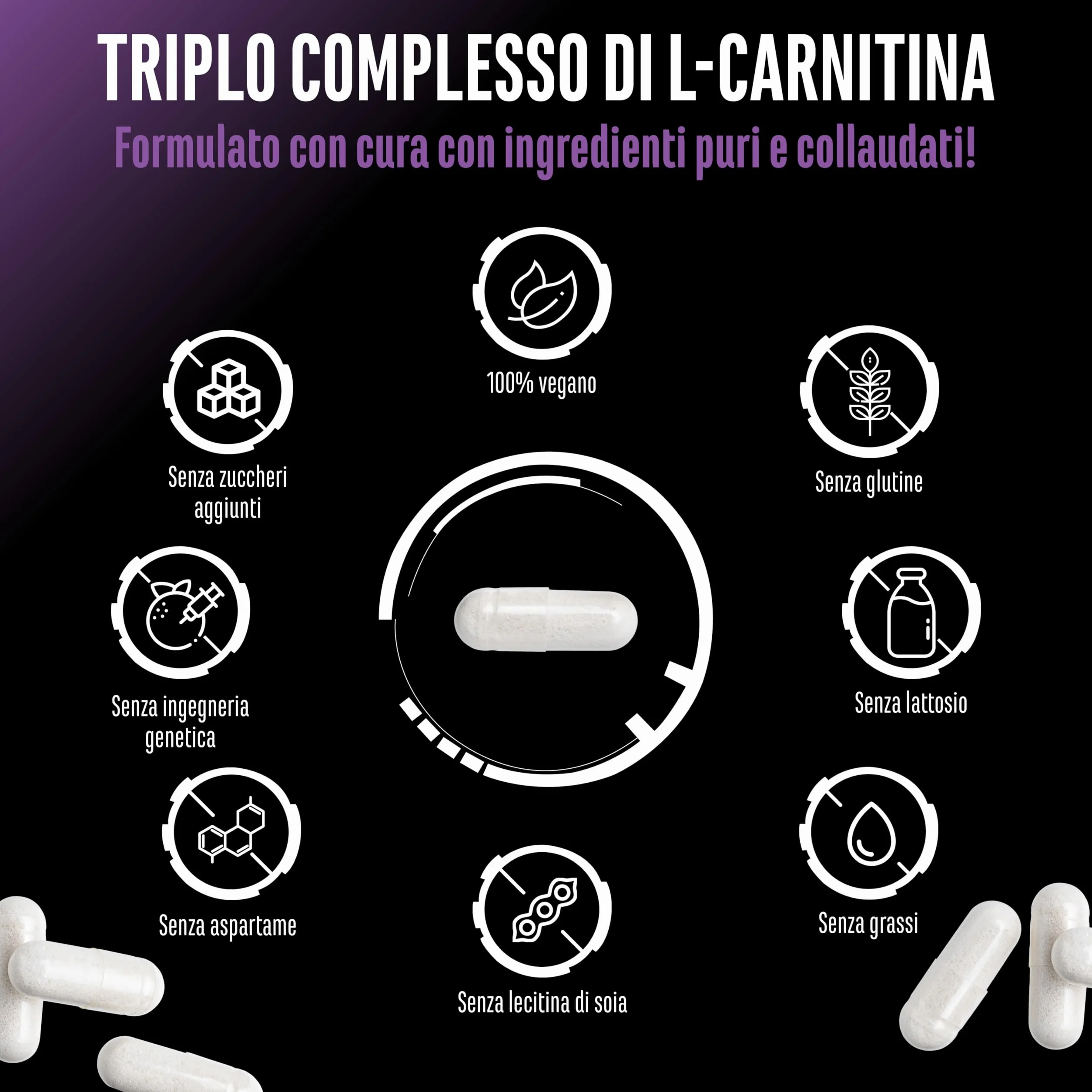 L-Carnitina Triplo Complesso 3000 mg per porzione giornaliera 120 capsule ad alto dosaggio vegano formula premium
