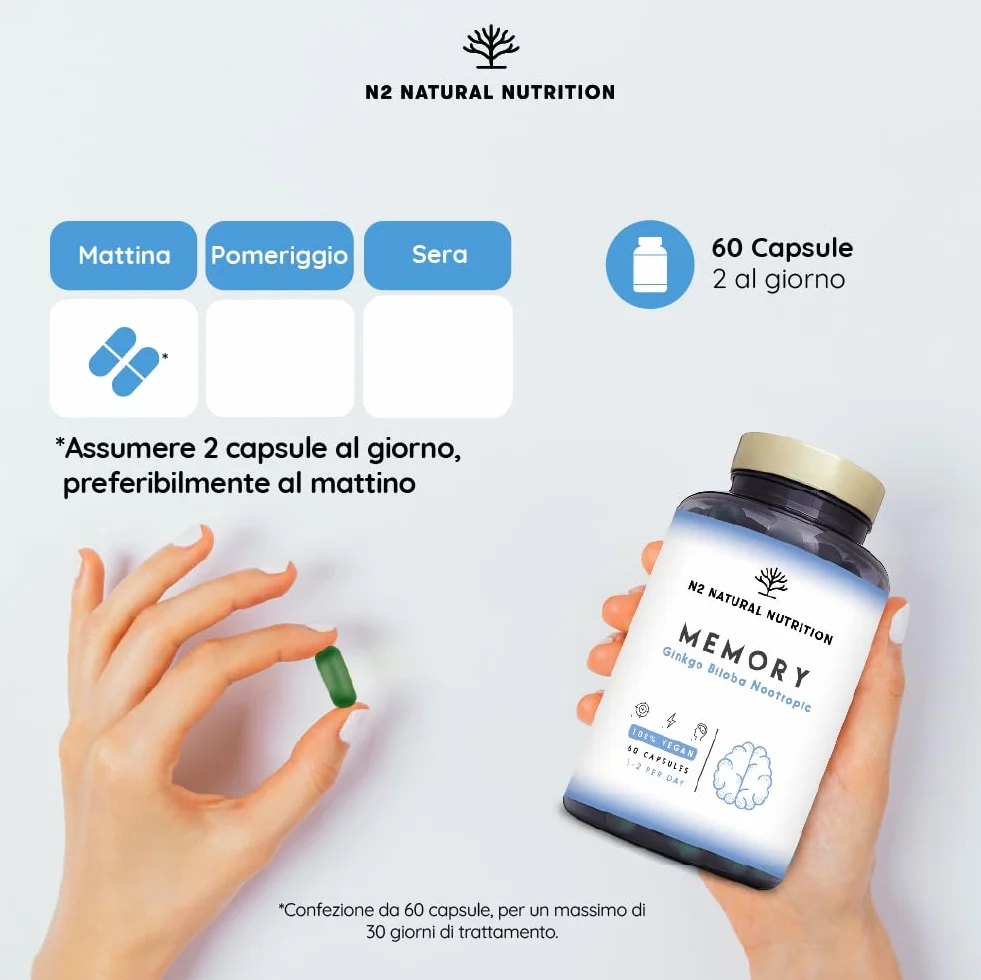 N2 Natural Nutrition Nootropico Naturale Ginkgo Biloba 1140mg Caffeina Bacopa Monnieri Integratore Concentrazione Memoria Vitamine Vegan 60 capsule