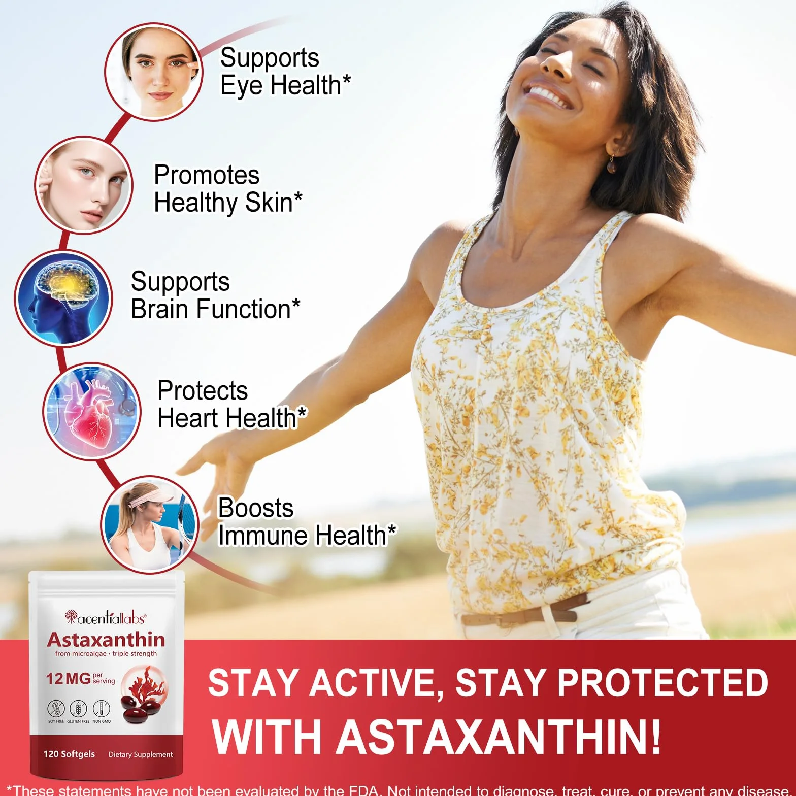 Astaxantina 12 mg 120 Softgel Integratore Antiossidante Tripla Forza Da Microalghe Fresche