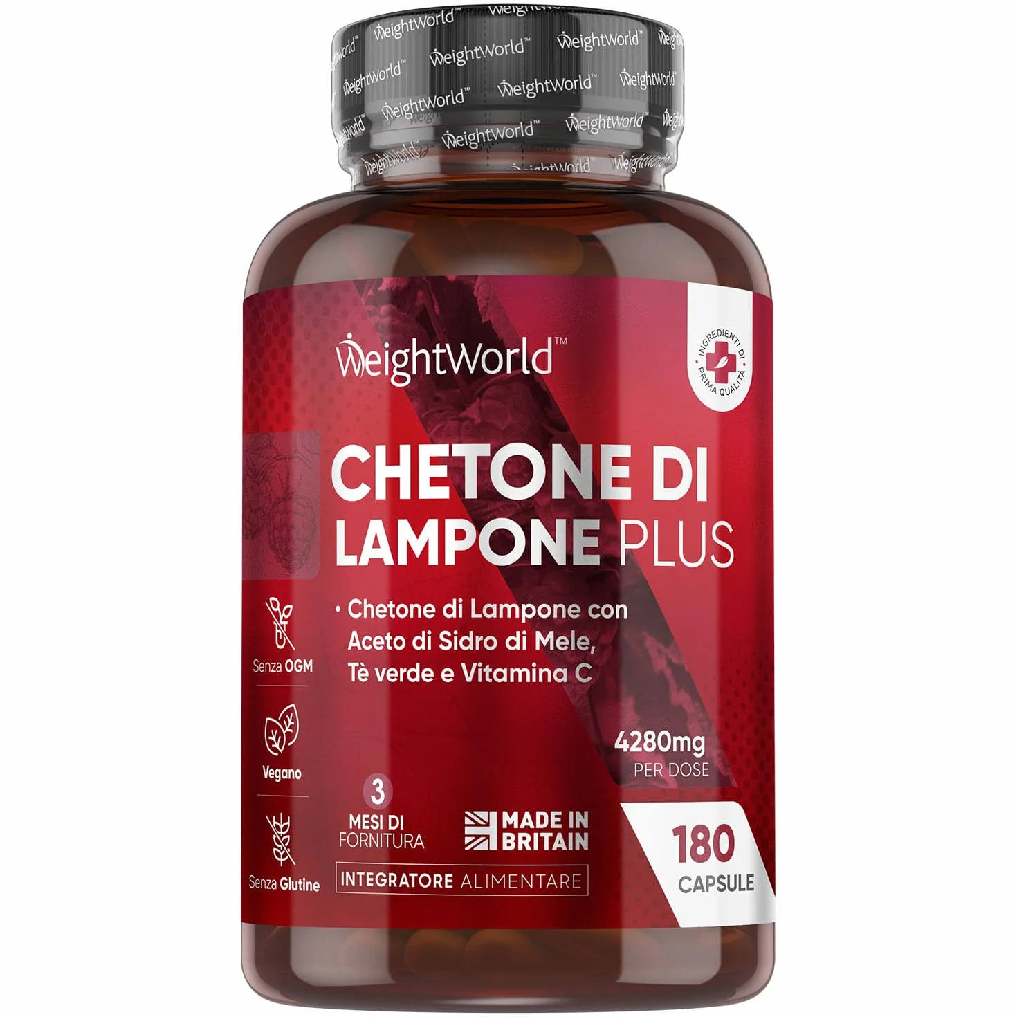 Chetoni Esogeni Plus 4280mg 180 Capsule Vegane, Estratto 20:1 Chetoni di Lampone Complex con Vitamina C, Aceto di Mele, Te Verde, Acai, Caffeina Anidra, Senza Glutine, OGM, UK
