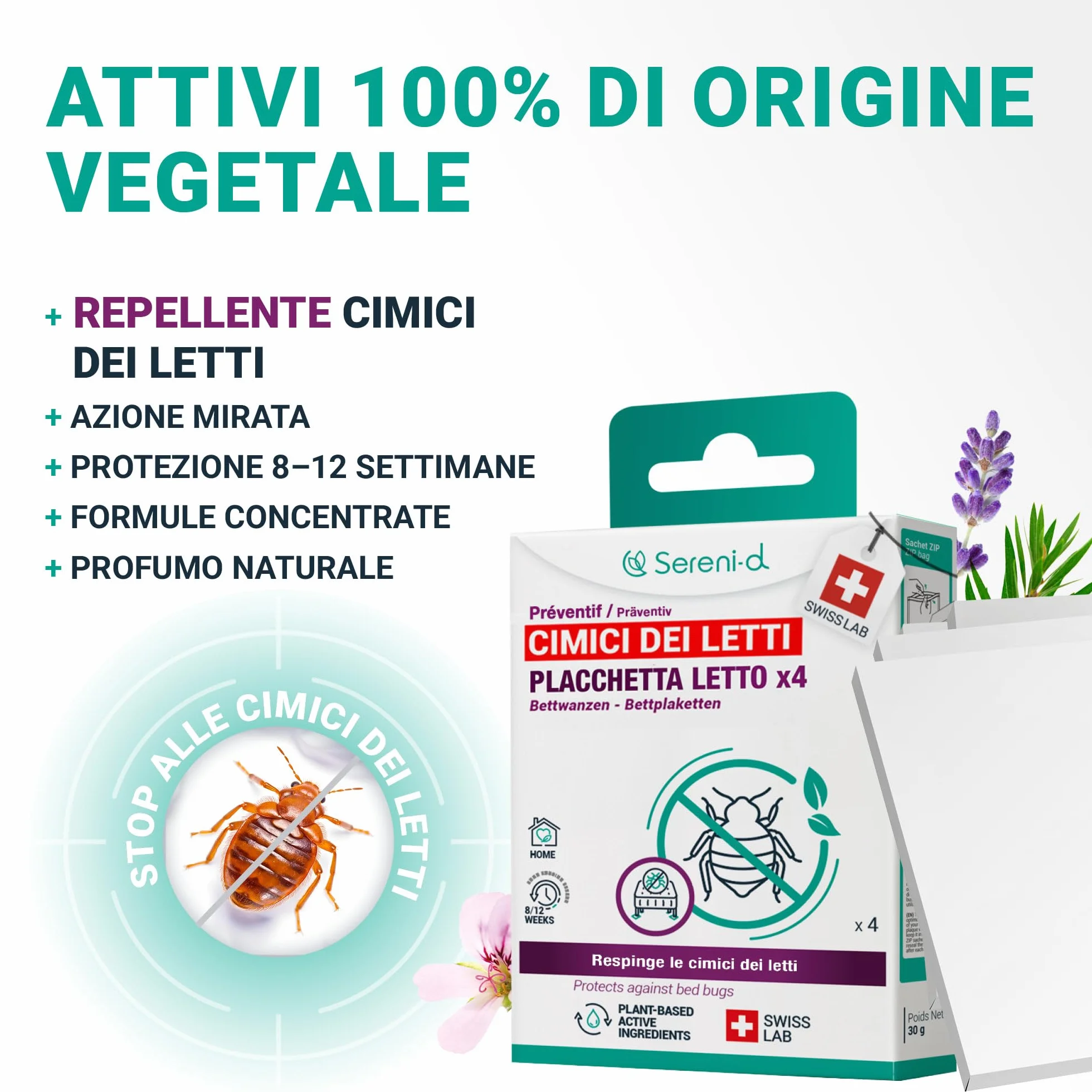 Sereni-d SWISS LAB PIASTRE LETTO repellenti per CIMICI DEI LETTI x4