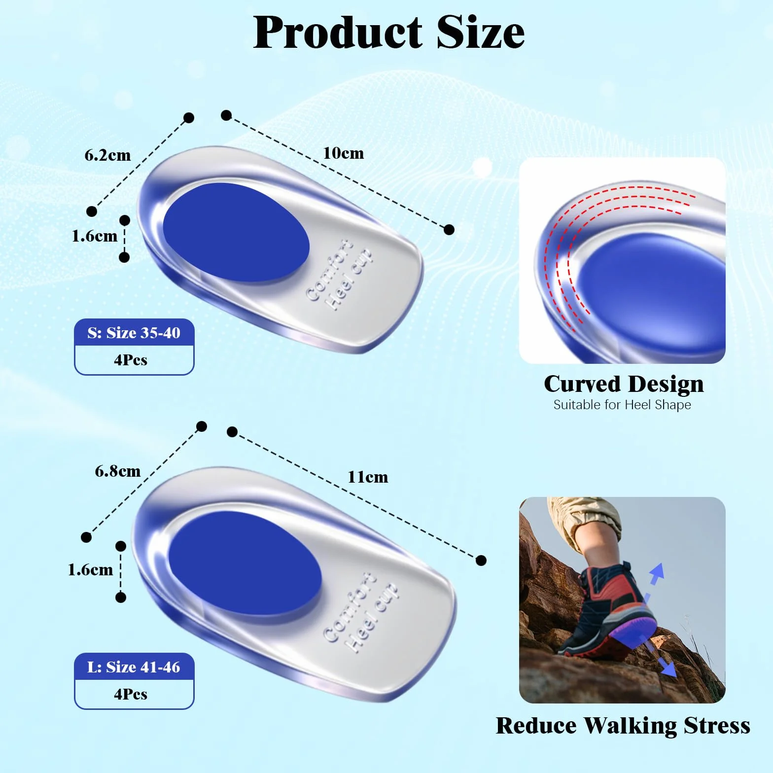 4 paia Talloniera in Silicone, Plantari per Tallonite, Dolore Alleviare Cuscinetti, Talloniere, Talloniera Gel, per Uomo e Donna, per Sperone Calcaneare, Tallonite e Fascite Plantare, Blu