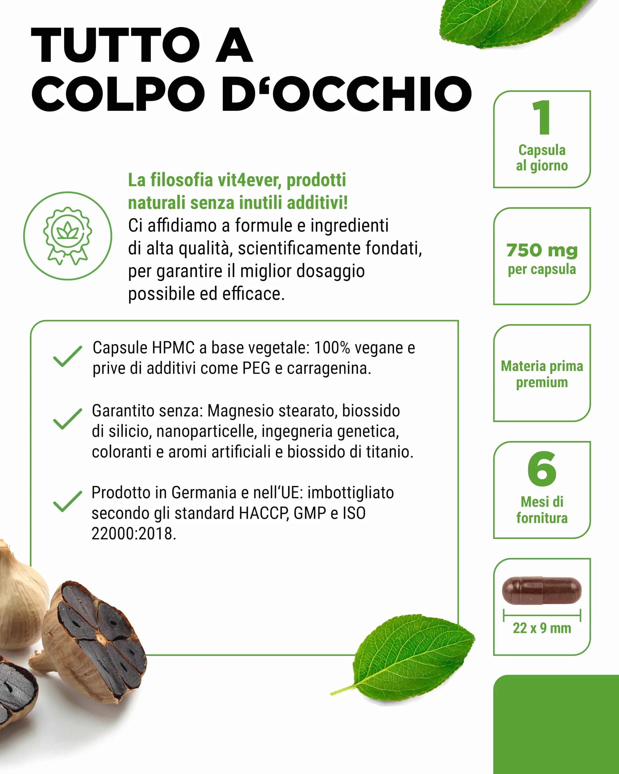 Aglio nero 15:1 Estratto - 180 Capsule da 750 mg - Premium: Con S-Allylcysteine (SAC) - Fermentato - Inodore - Testato in laboratorio - Altamente dosato - Vegan