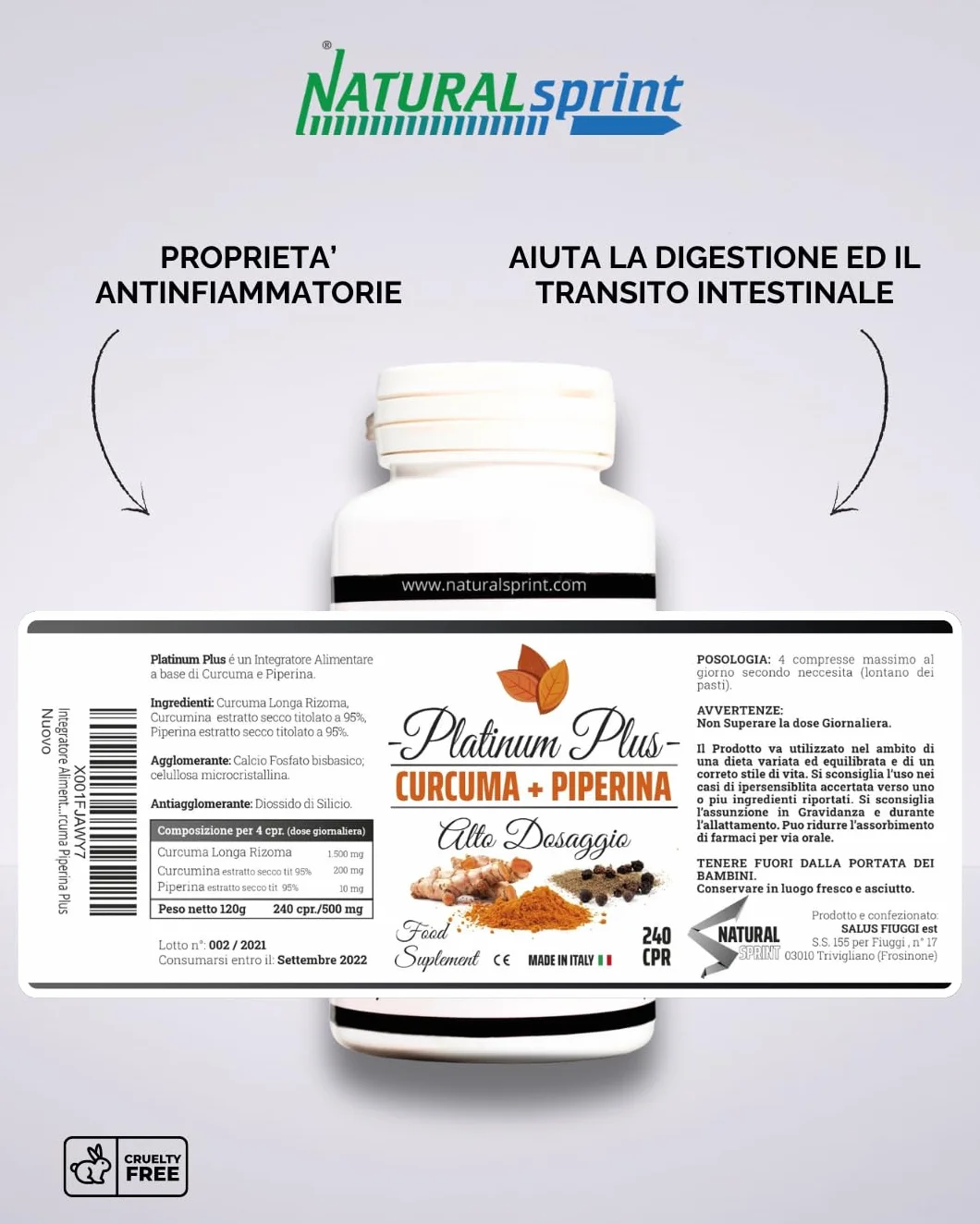 Curcuma + Piperina Platinum Plus 240 Compresse Naturali Made in Italy