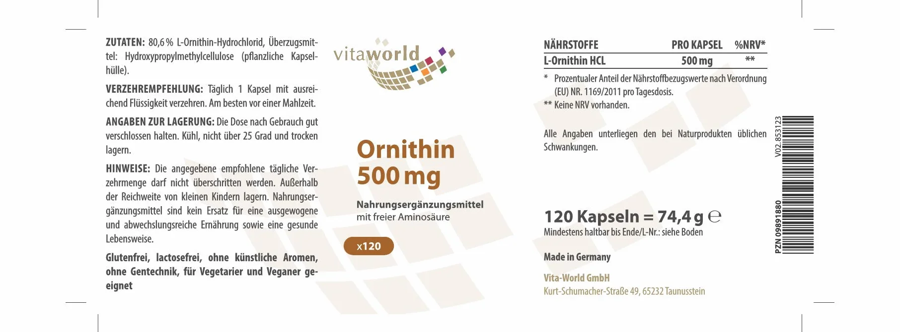 Vita World L-Ornitina 500mg 120 Capsule