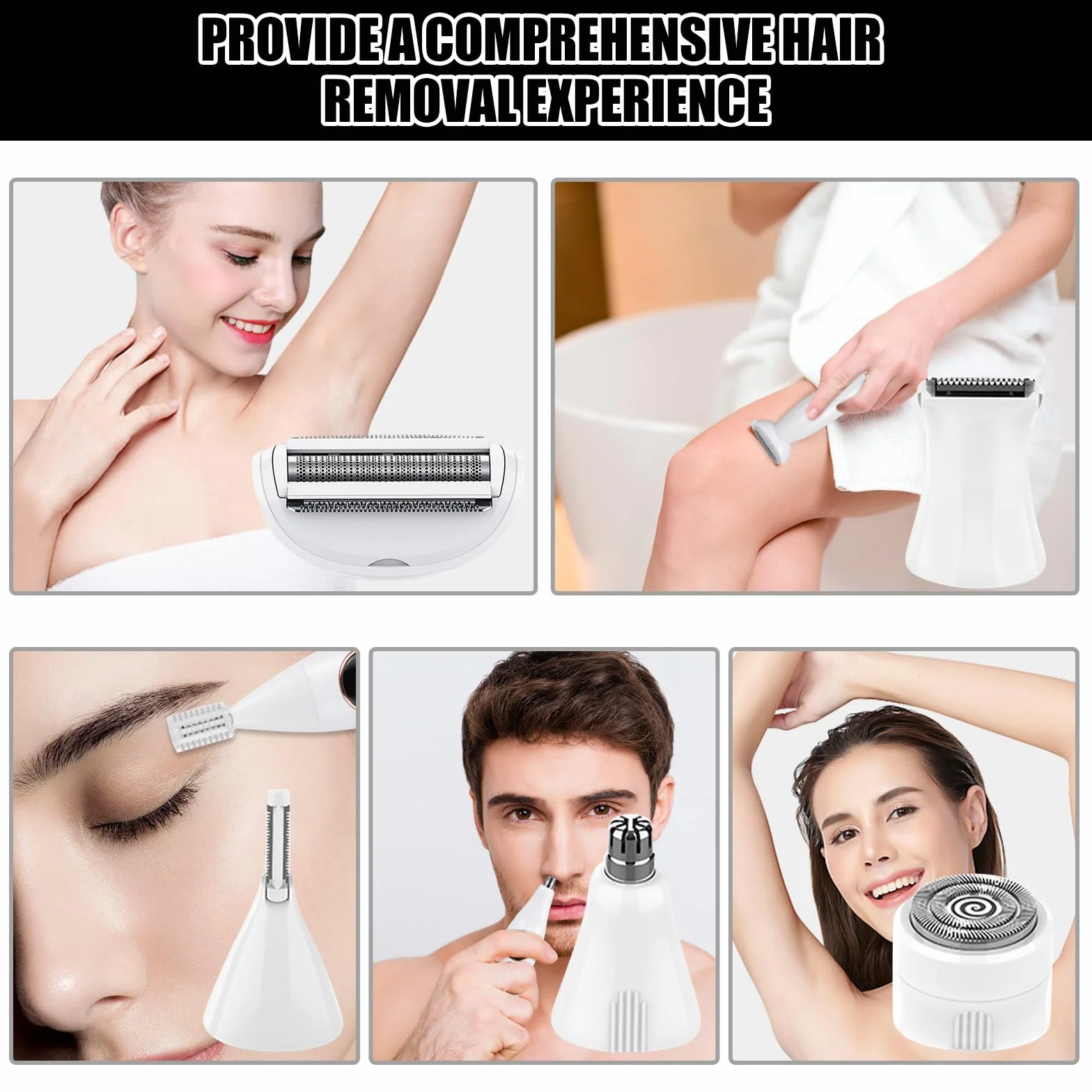Rasoio elettrico da donna 5 in 1 rasoio intimo da donna IPX7 impermeabile per rasatura bagnata e asciutta, ricaricabile con USB, trimmer per zona bikini, ascelle, gambe e viso