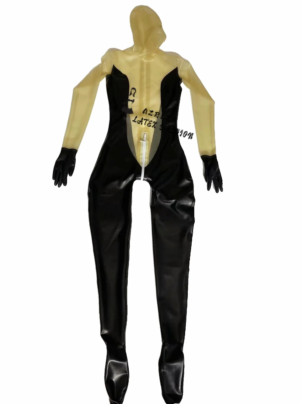 Tuta nera trasparente in lattice di gomma Catsuit Fetish con cerniera posteriore