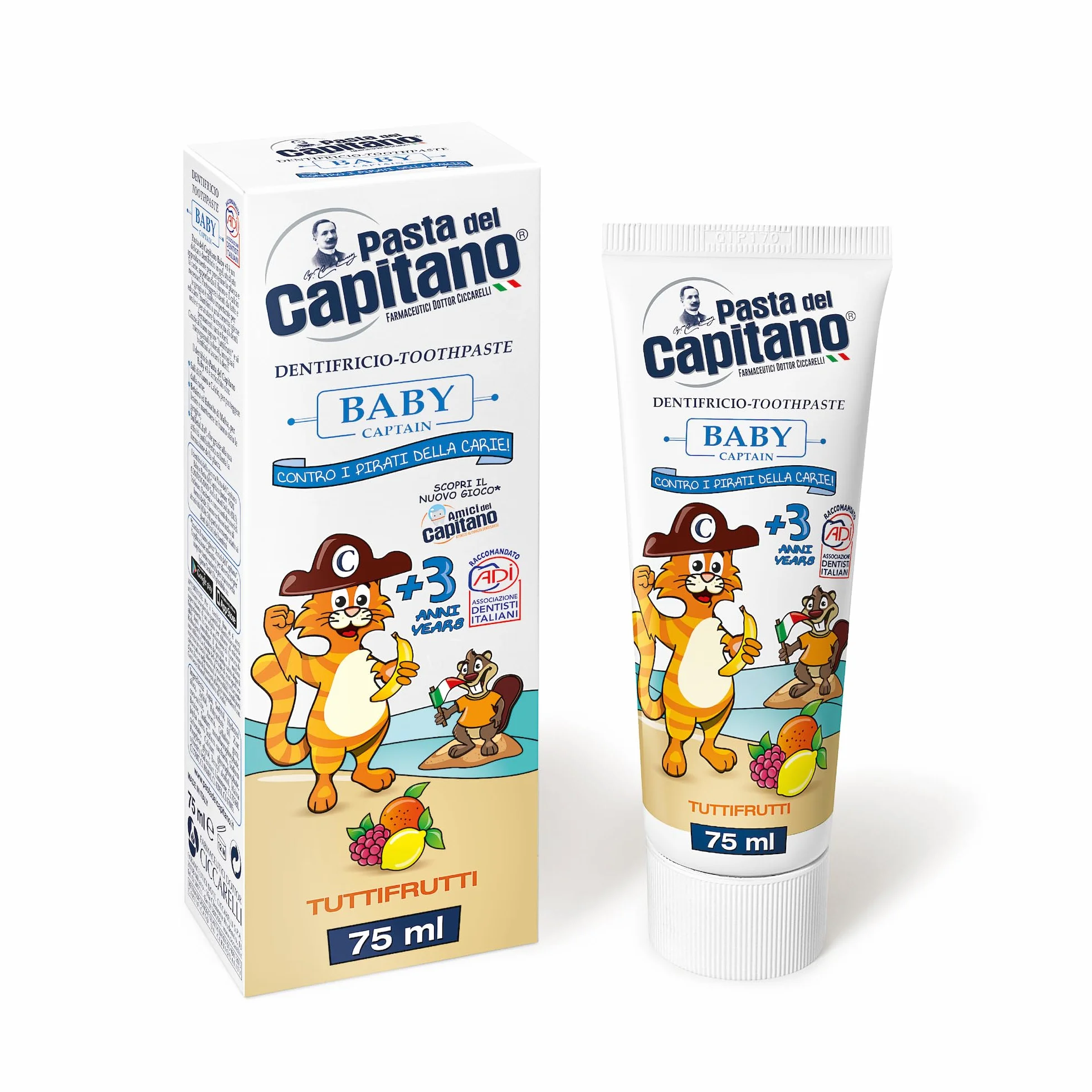 Pasta del Capitano, Dentifricio Baby Tuttifrutti, Delicato in Gel Gusto Tuttifrutti, con Sali di Fluoro e Calcio, Ideale per Bambini a Partire dai 3 Anni di Età, Tubetto da 75 ml, Made in Italy