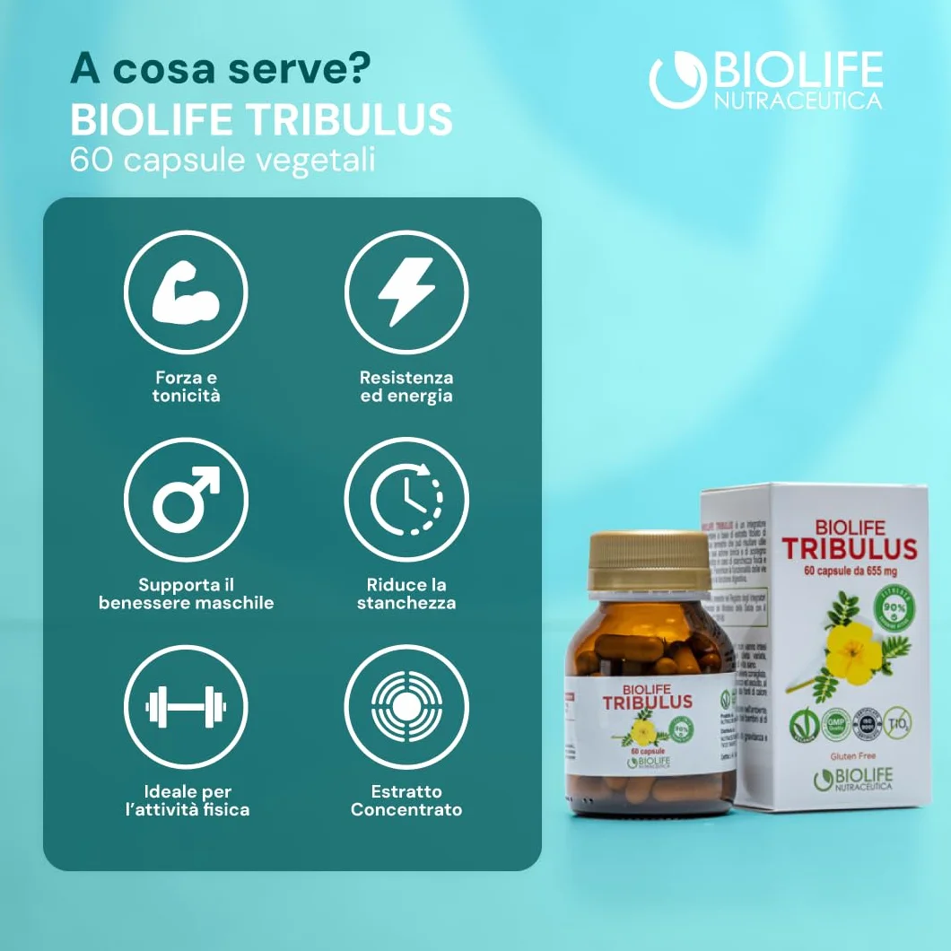 BIOLIFE Tribulus Terrestris 60 capsule 655 mg Titolato 90% Saponine Attive Prodotto Veganok integratore testosterone uomo