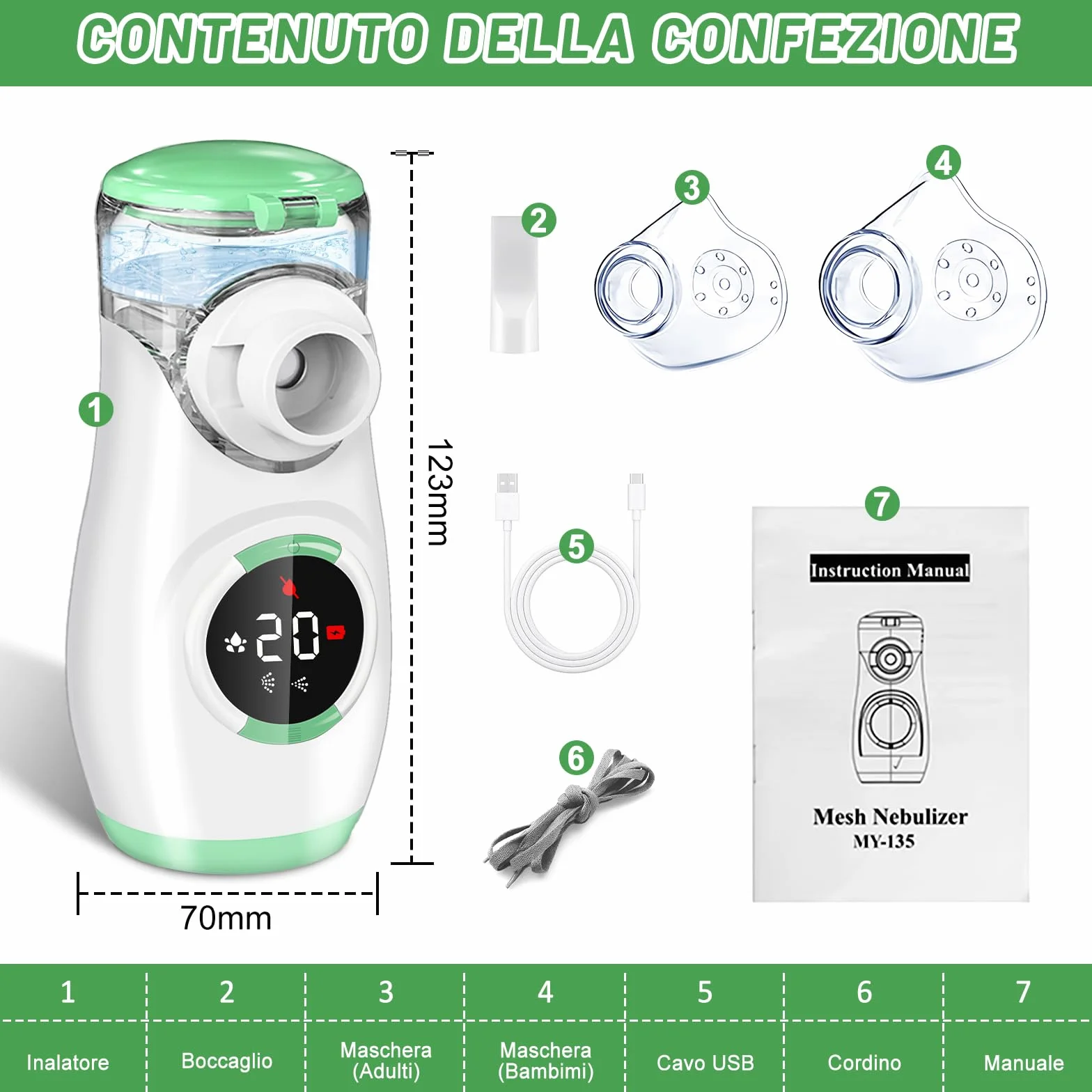Wholede Aerosol Portatile Silenzioso Digitaler Ricaricabile Nebulizzatore per Adulti e Bambini Verde
