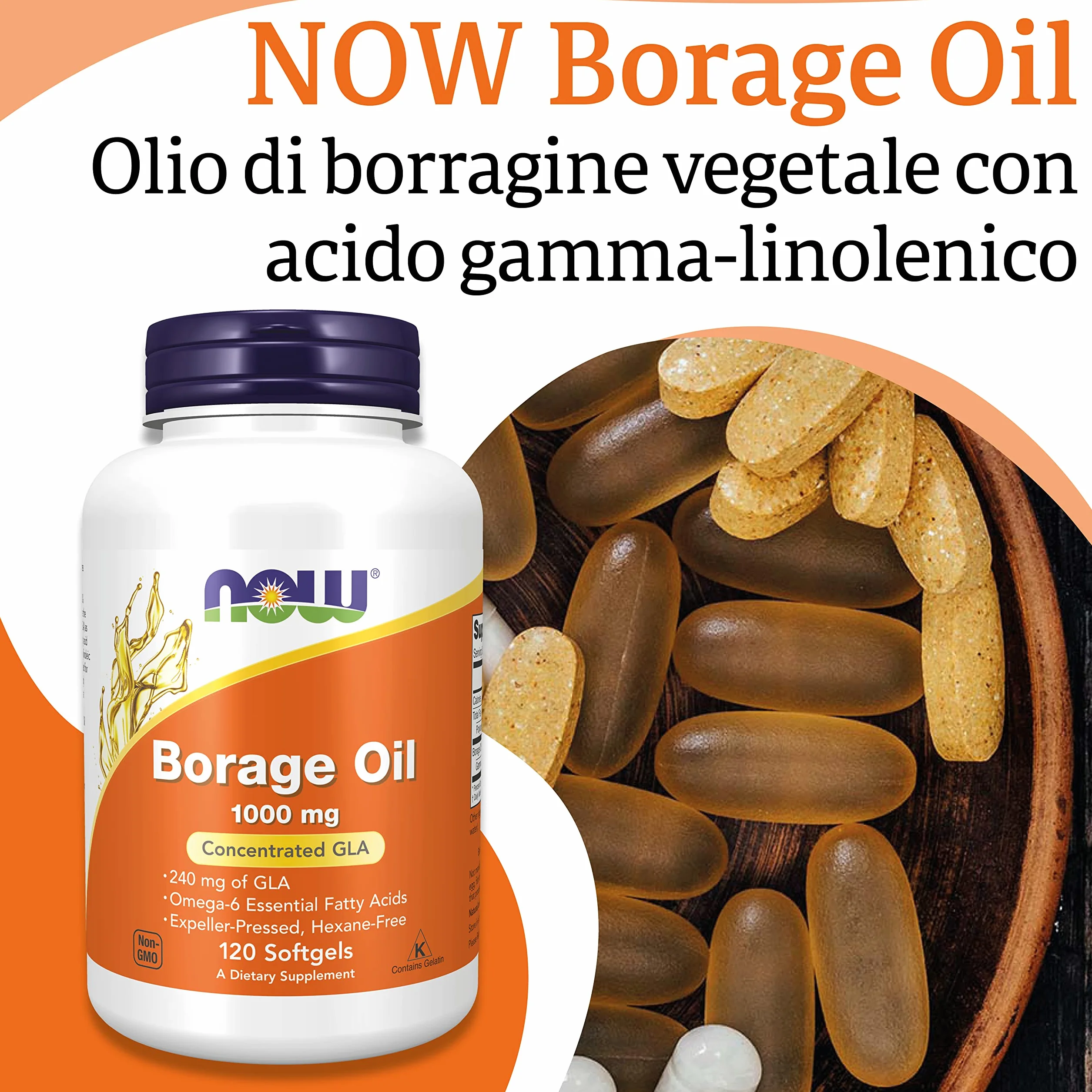 Now Foods Borage Oil 1000mg 120 Softgels Non-GMO Senza Glutine