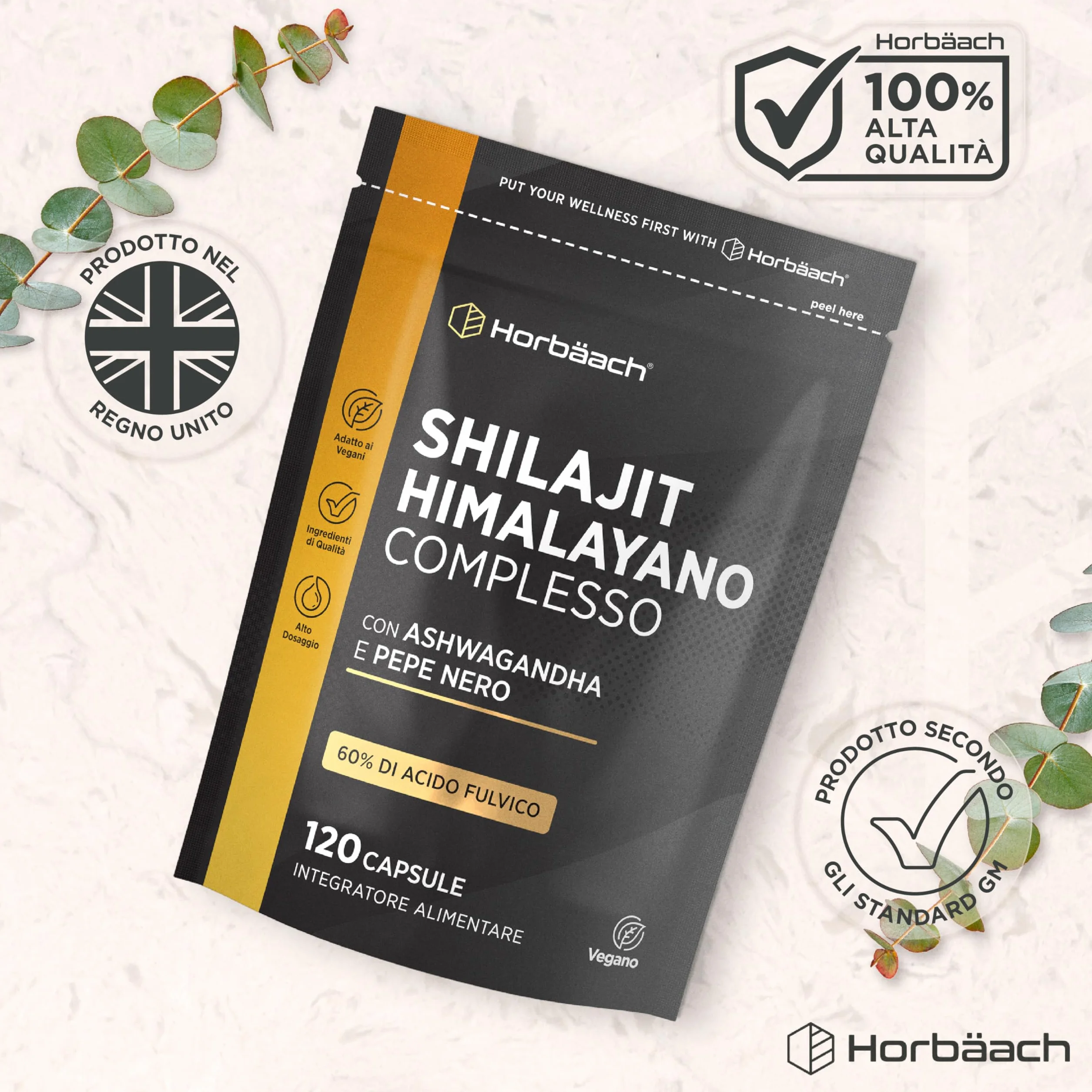Shilajit Himalayano Puro Capsule | 1500 mg | 60% di Acido Fulvico | 120 Capsule Vegane | Integratore Alimentare di Estratto di Shilajit dalla Fonte Himalayana | Shilajit Complex | Horbaach
