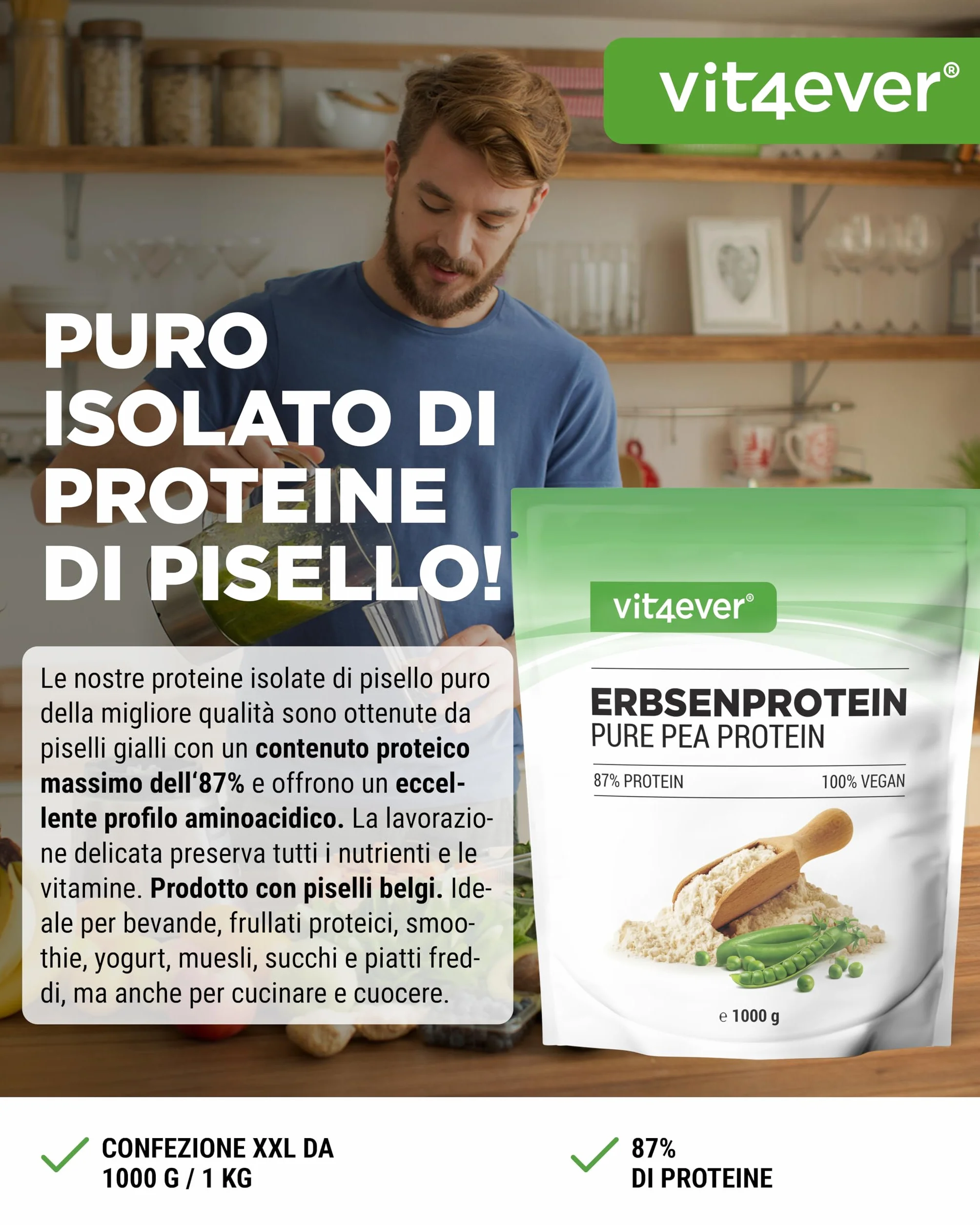 Proteine del Pisello in Polvere 1000g 87% Proteine 100% Isolate Vegane Senza Zucchero Glutine Soia Lattosio