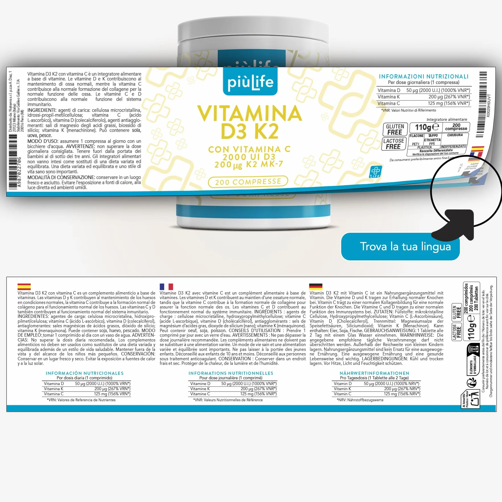 Vitamina D3 K2 Mk7 Con Vitamina C PiùLife – 200 Compresse – 1 Al Giorno, Vit D3 2000 UI, K2 200µg – Sostiene ossa forti, difese naturali e l’equilibrio di calcio e fosforo